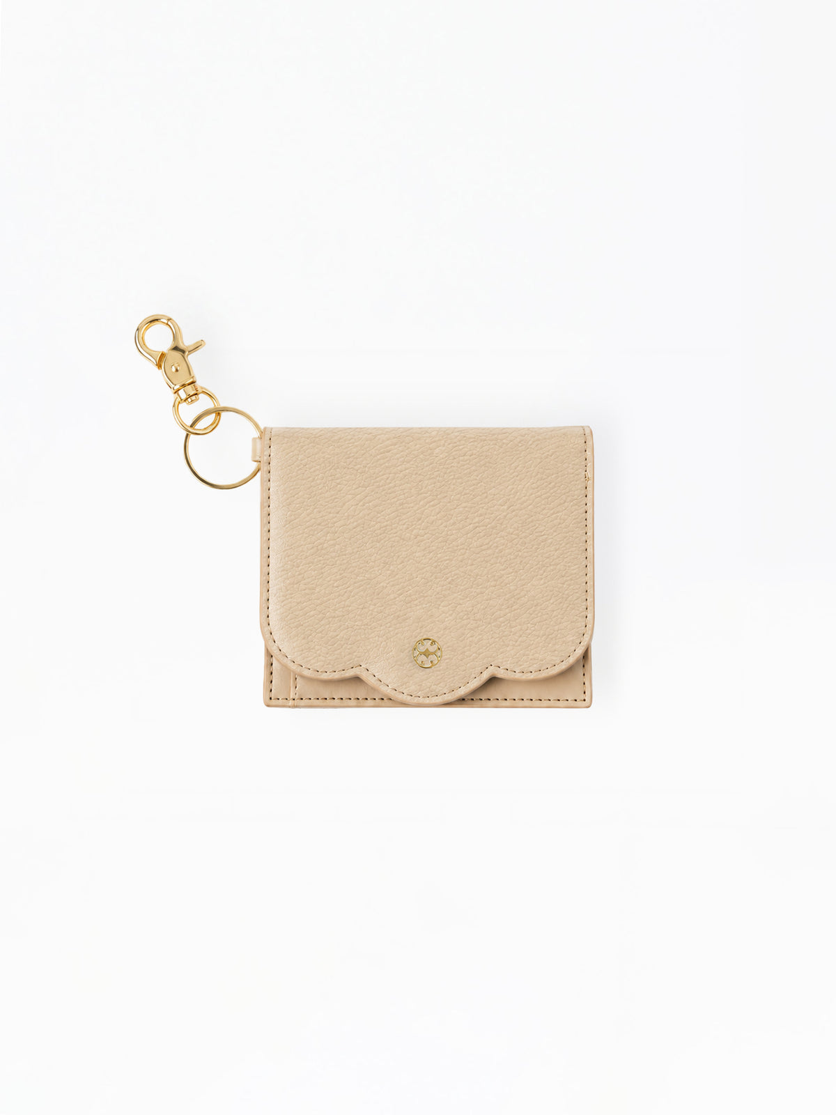A small beige textured leather card holder with a gold-tone clasp and key ring, shown on a plain white background.