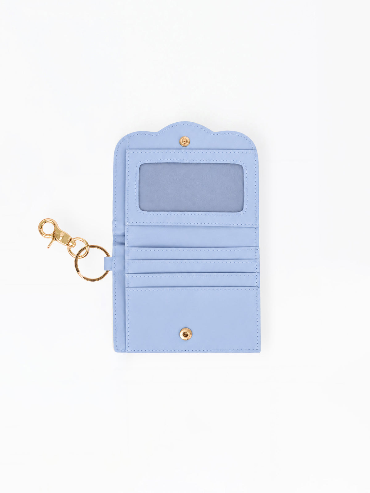 A light blue card holder wallet with a gold-tone keychain clasp, shown open on a plain white background.