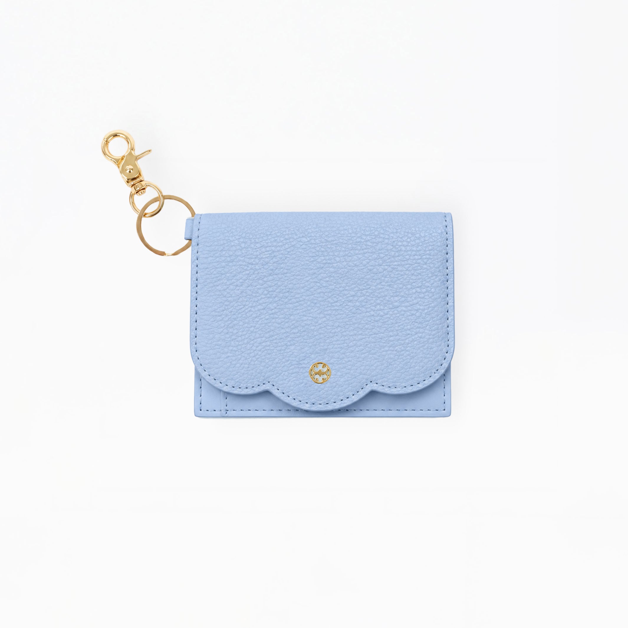 A light blue textured leather key pouch with a scalloped edge and a gold-tone keyring clasp, shown on a plain white background.