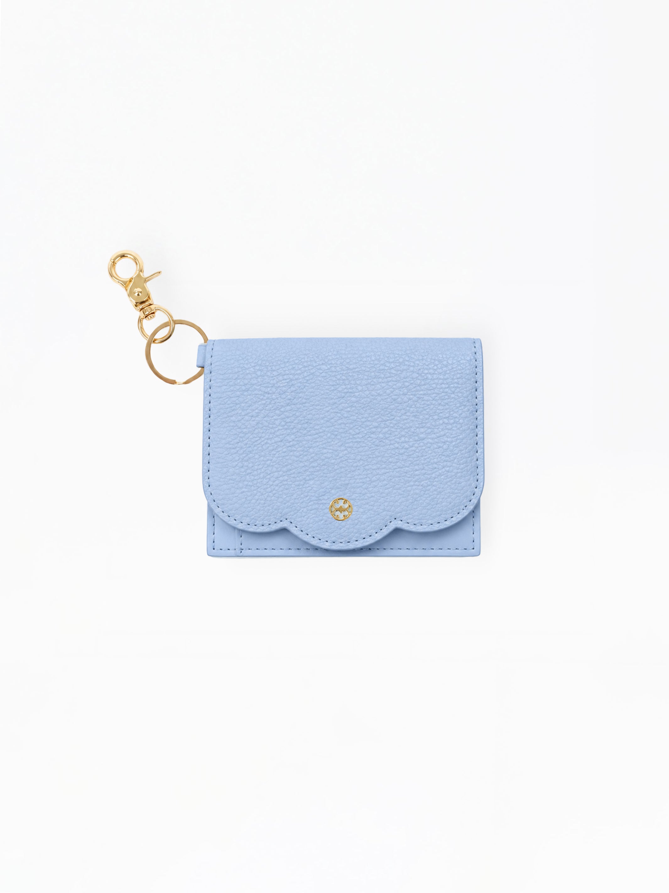 A light blue textured leather key pouch with a scalloped edge and a gold-tone keyring clasp, shown on a plain white background.