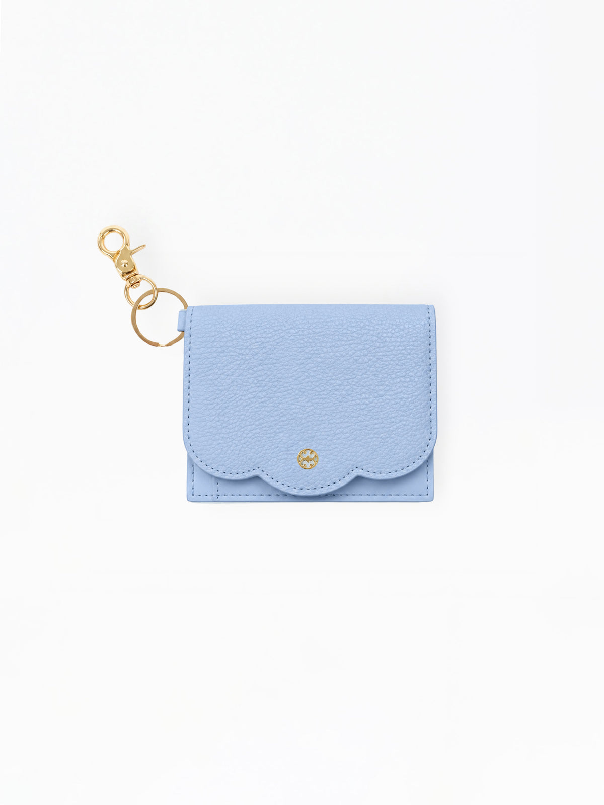 A light blue textured leather key pouch with a scalloped edge and a gold-tone keyring clasp, shown on a plain white background.
