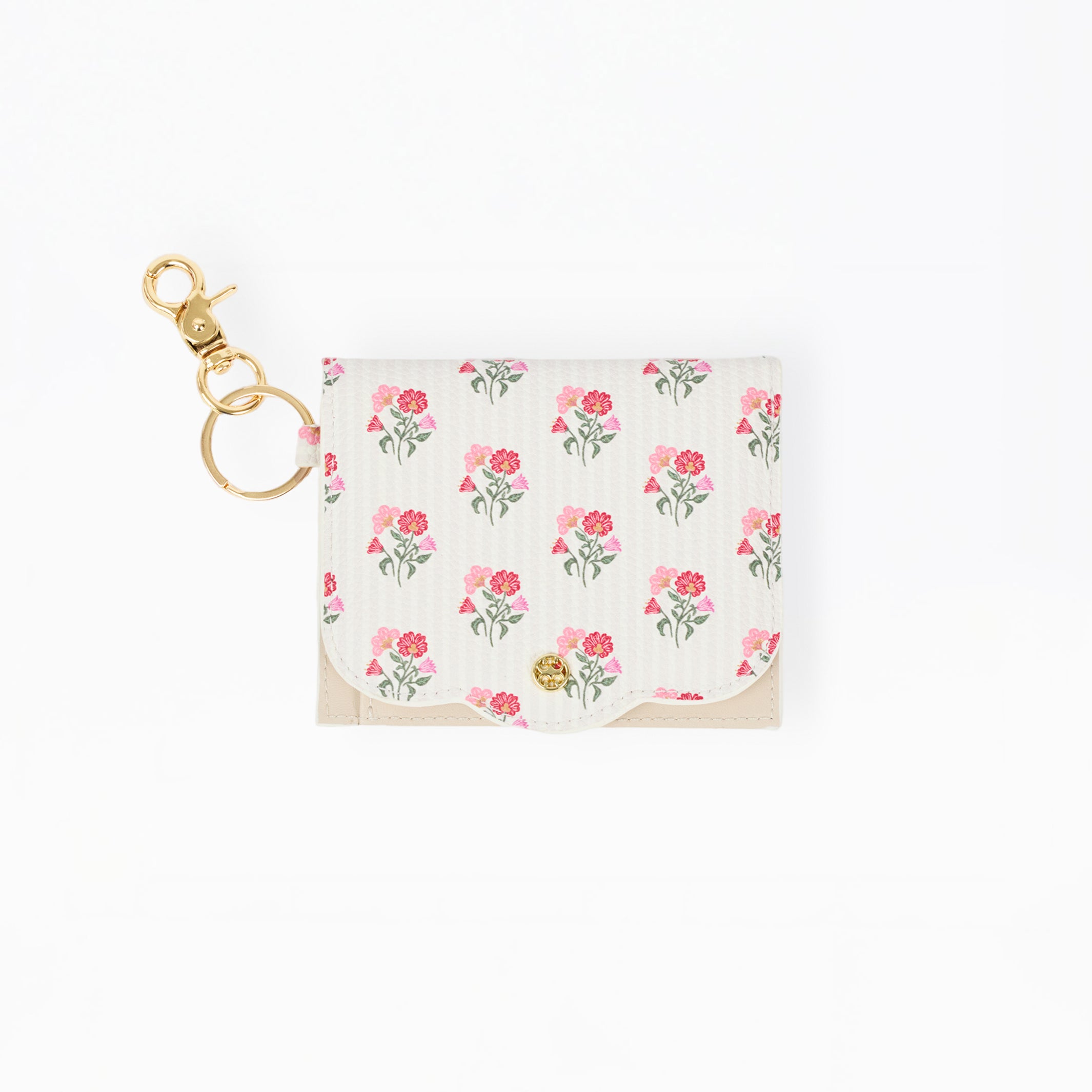 A small card holder or wallet with a white background and an all-over pink rose floral print, featuring a gold-tone swivel clasp and key ring attachment.