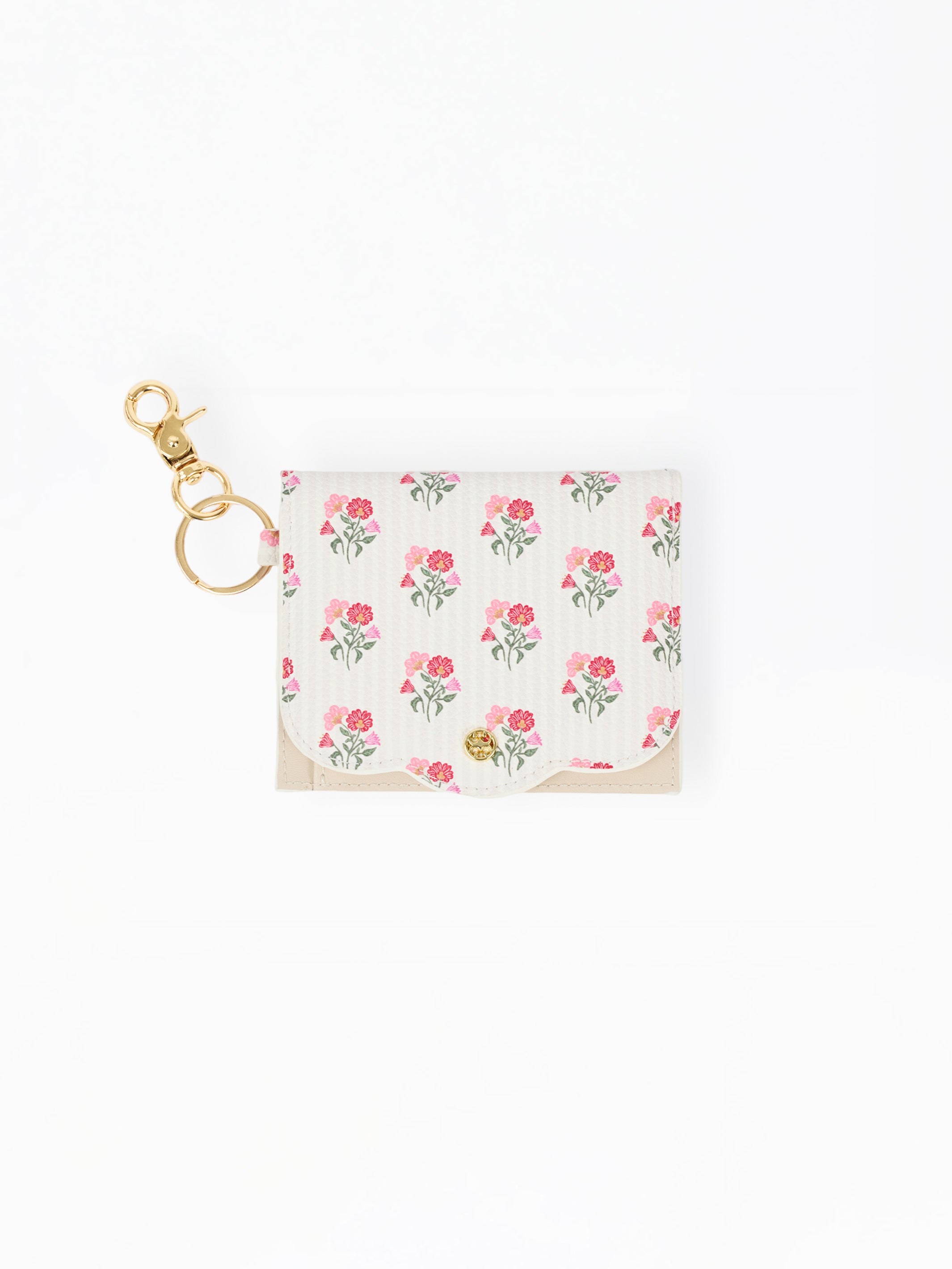 A small card holder or wallet with a white background and an all-over pink rose floral print, featuring a gold-tone swivel clasp and key ring attachment.