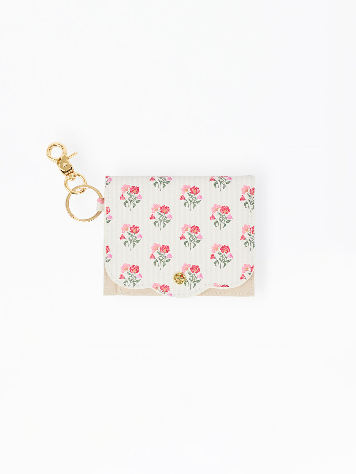 A small card holder or wallet with a white background and an all-over pink rose floral print, featuring a gold-tone swivel clasp and key ring attachment.