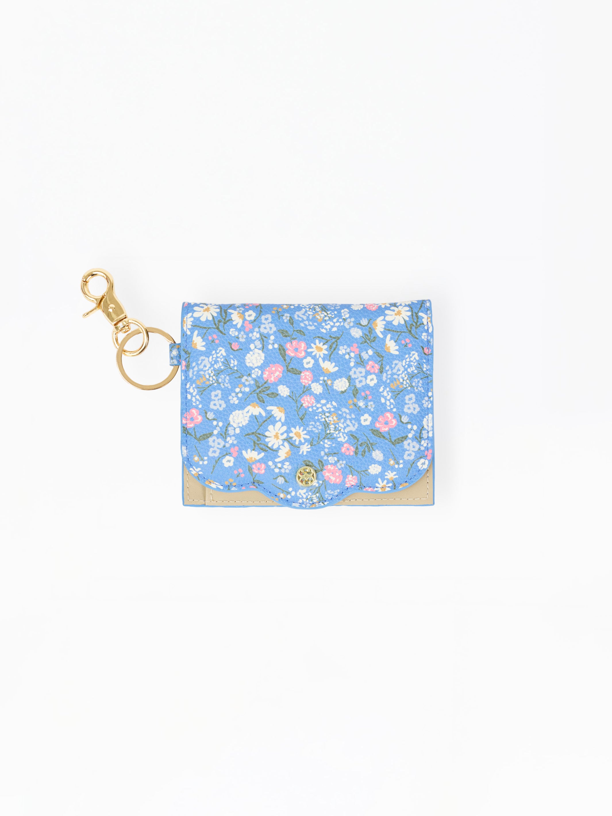 A small blue floral card holder or wallet with a gold-tone clasp and key ring, shown on a plain white background.