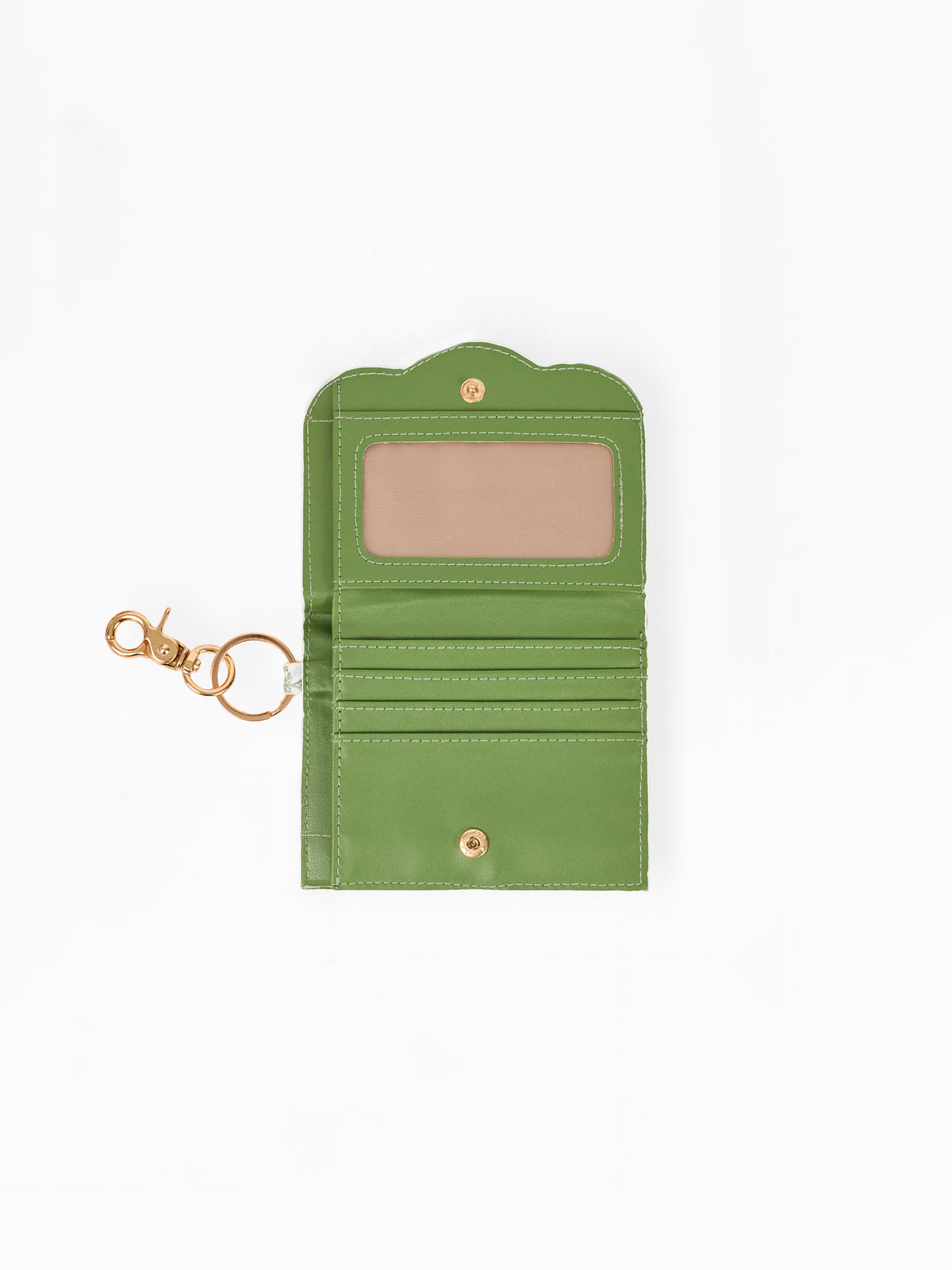 An open green leather wallet with an attached gold-tone keychain clasp, featuring an ID window, card slots, and a snap button closure, shown on a plain white background.