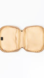 An open beige zippered bible cover with multiple interior compartments, shown from a top-down view on a white background.