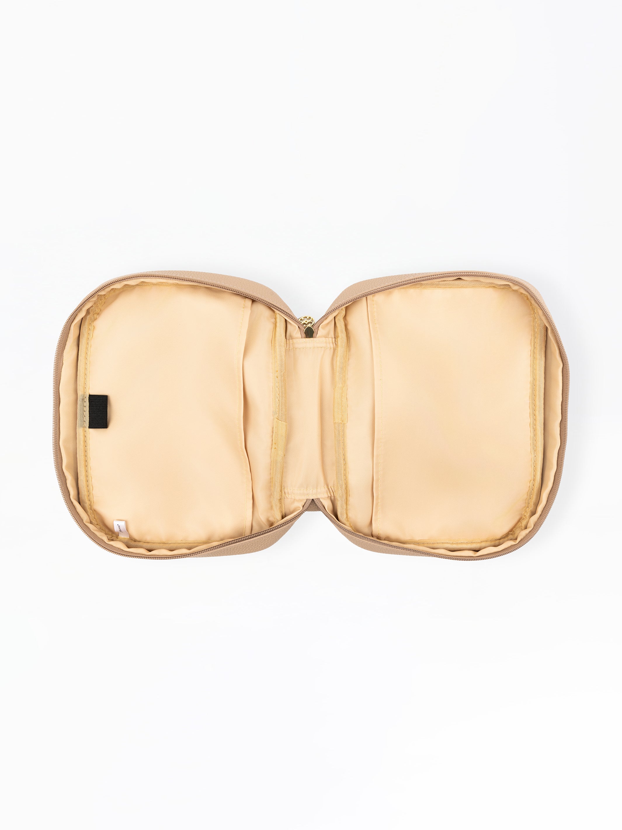 An open beige zippered bible cover with multiple interior compartments, shown from a top-down view on a white background.