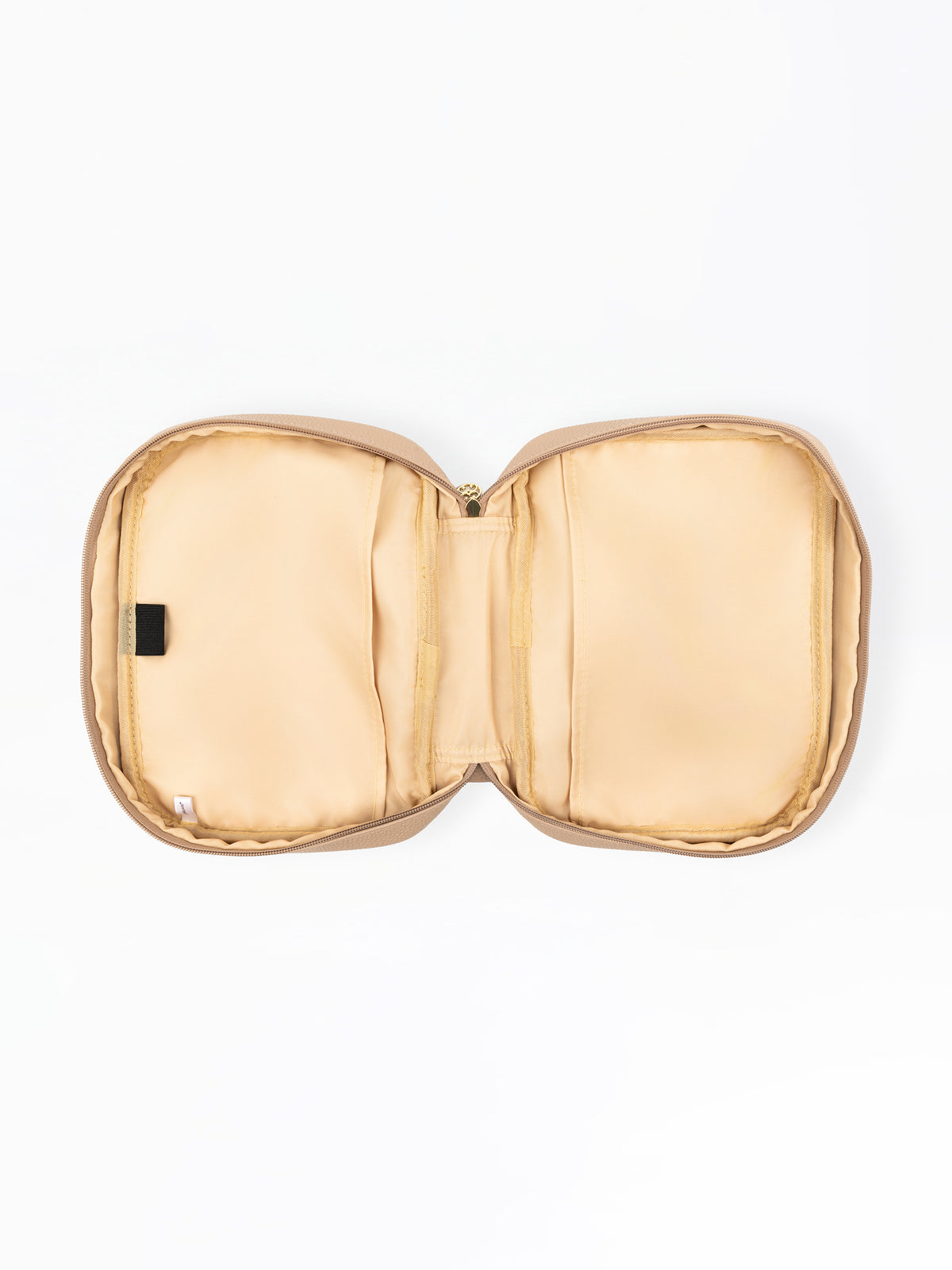 An open beige zippered bible cover with multiple interior compartments, shown from a top-down view on a white background.