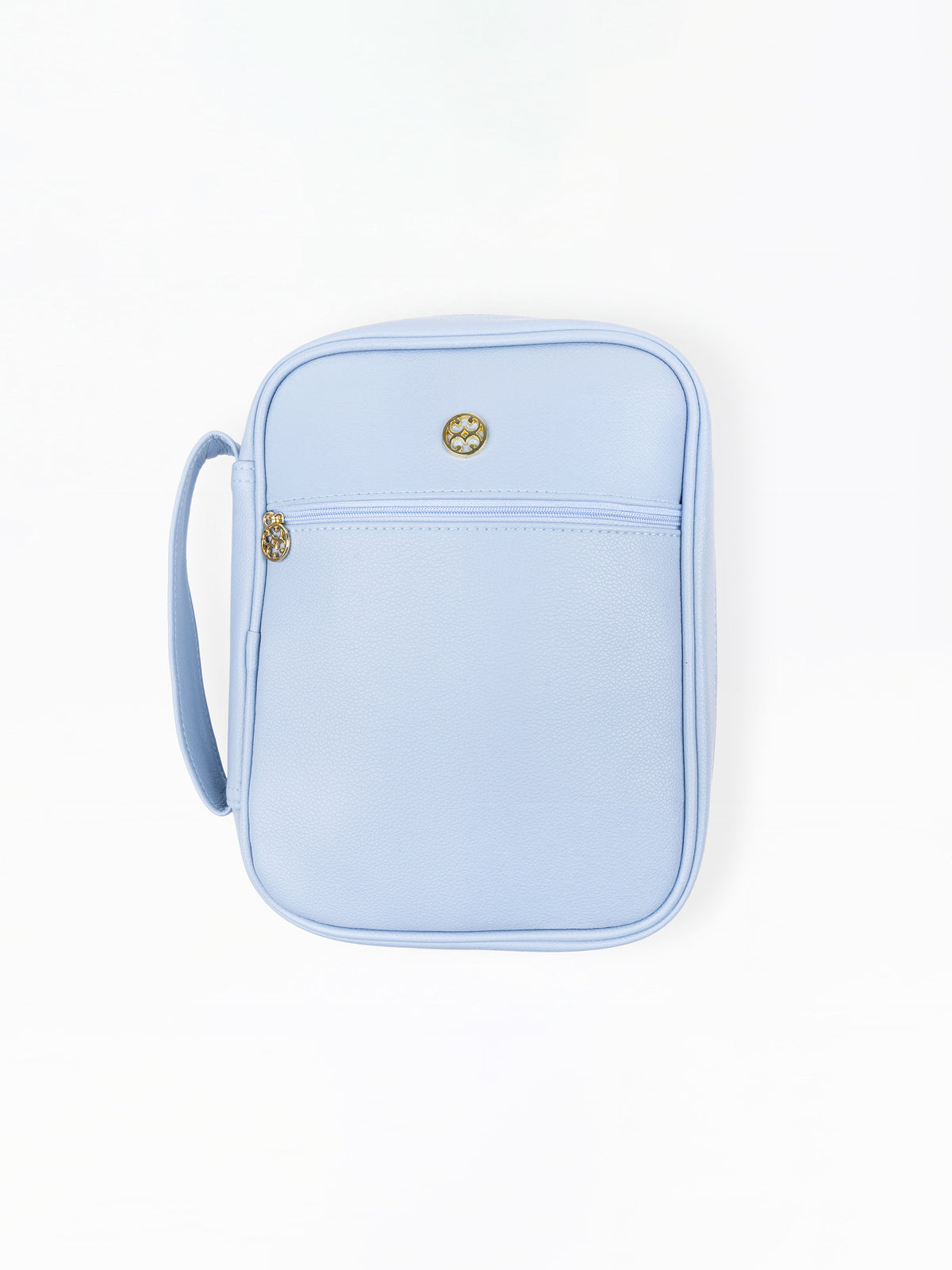 A light blue faux-leather bible cover with a front zippered pocket and a small gold-tone logo charm, shown on a plain white background.