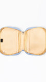 An open light blue zippered pouch or organizer case with a beige interior lining, shown from a top-down view on a white background.