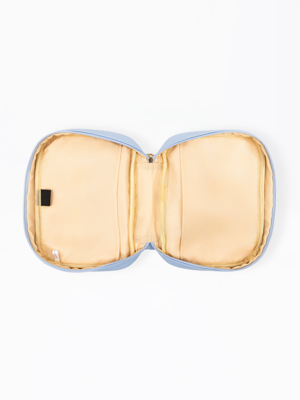 An open light blue zippered pouch or organizer case with a beige interior lining, shown from a top-down view on a white background.