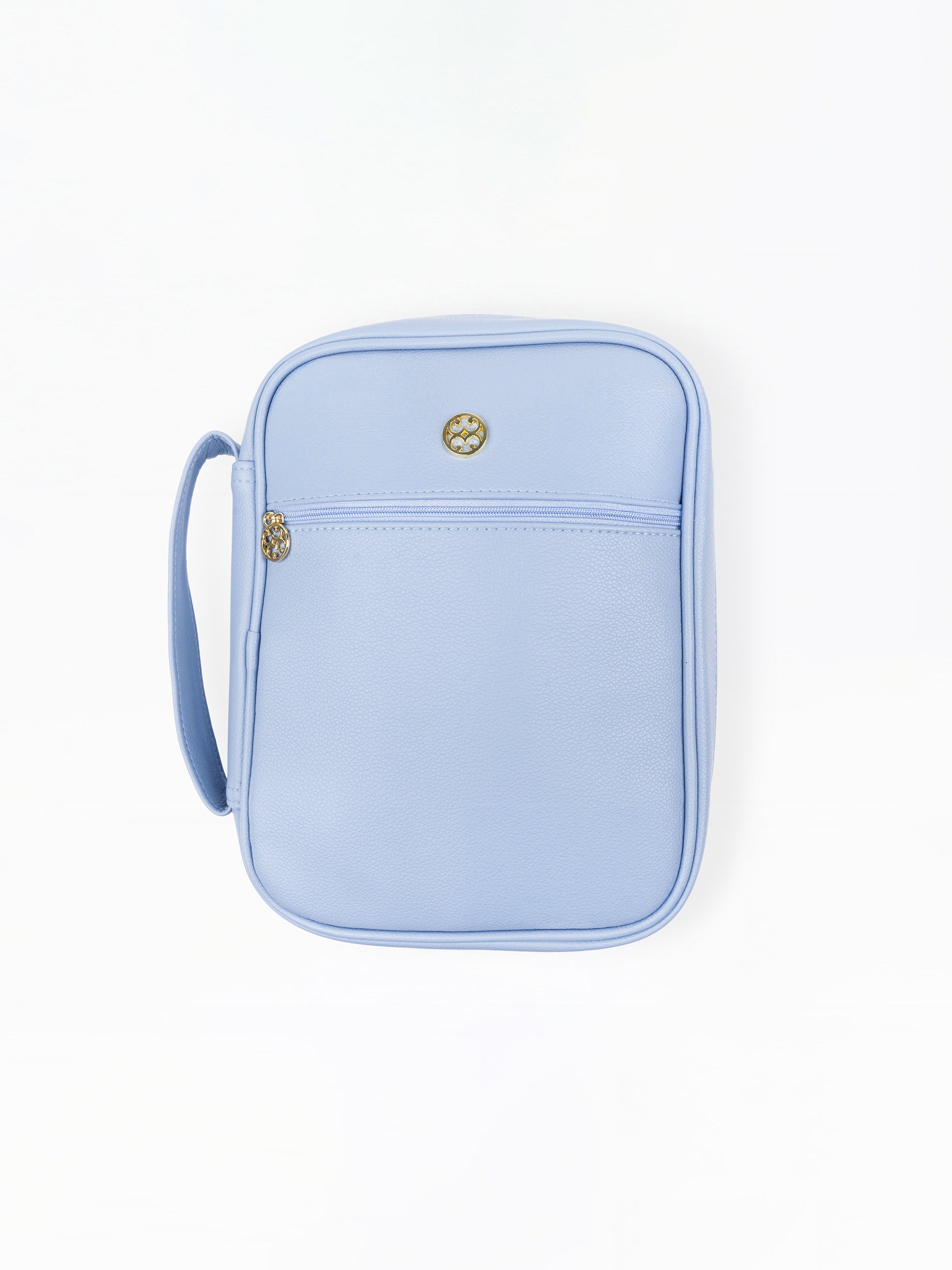 A light blue crossbody bag with a front zippered pocket and a small gold-tone logo emblem, shown flat on a white background.