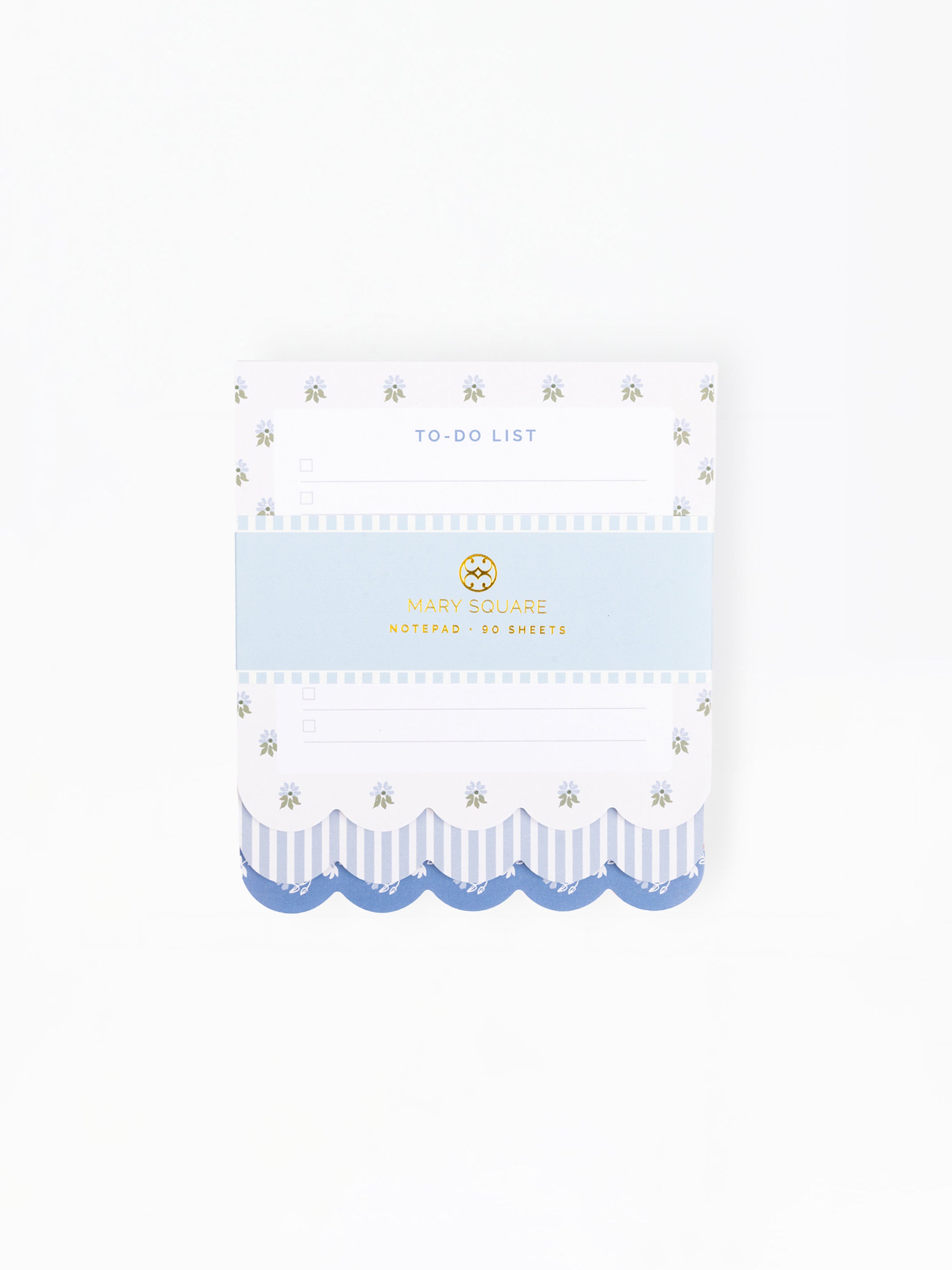 A small decorative to-do list notepad by Wash Square, featuring a white cover with blue scalloped stripes, a light blue center band with gold lettering, and tiny gray floral motifs.