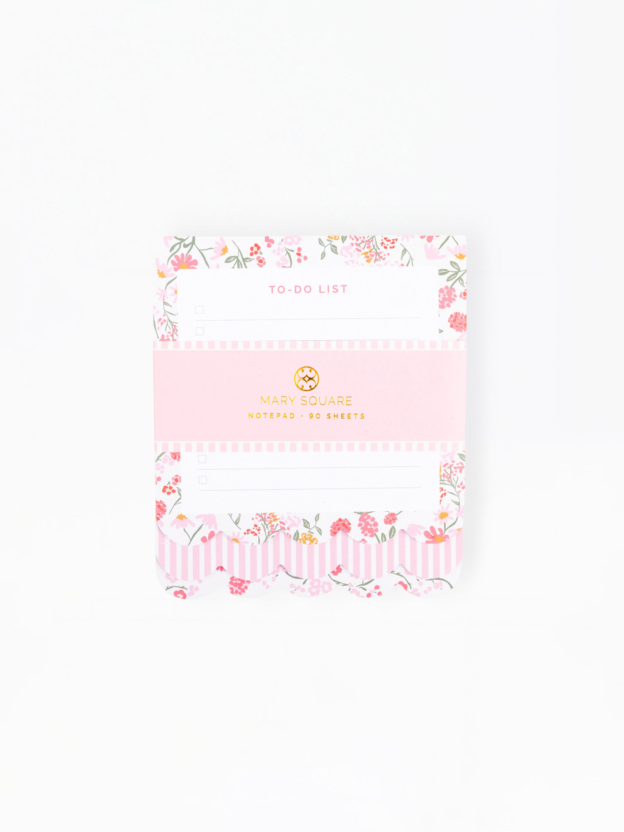 A Mary Squares To-Do List notepad with a pink and white striped center band, gold logo, and pink floral borders on a white background.