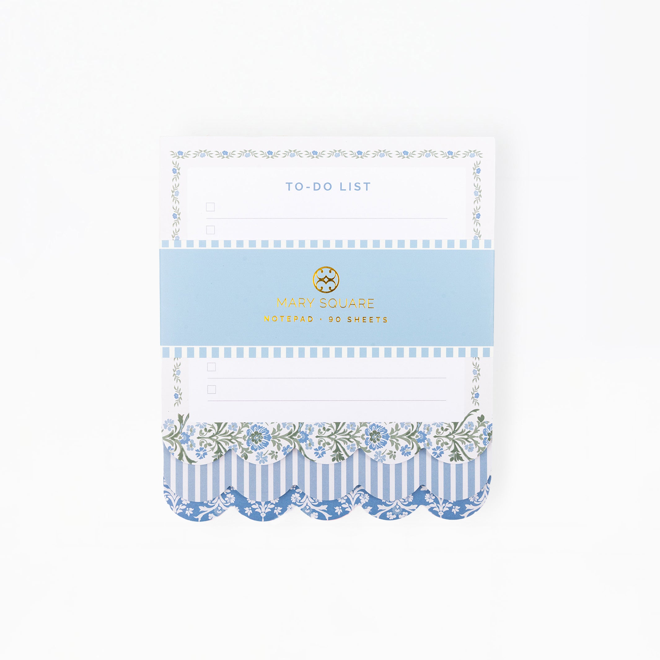 A decorative to-do list notepad by Port & Company, featuring a white top section with 'TO-DO LIST' text, a light blue middle band with gold lettering, and a blue and white striped scalloped bottom edge with floral washi tape accents.