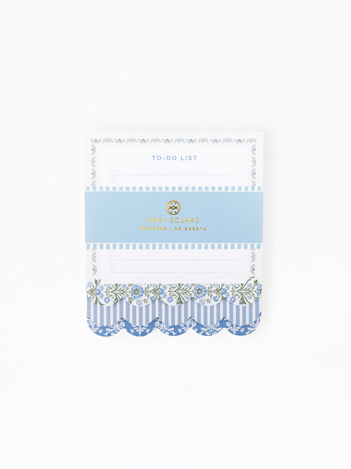 A decorative to-do list notepad by Port & Company, featuring a white top section with 'TO-DO LIST' text, a light blue middle band with gold lettering, and a blue and white striped scalloped bottom edge with floral washi tape accents.