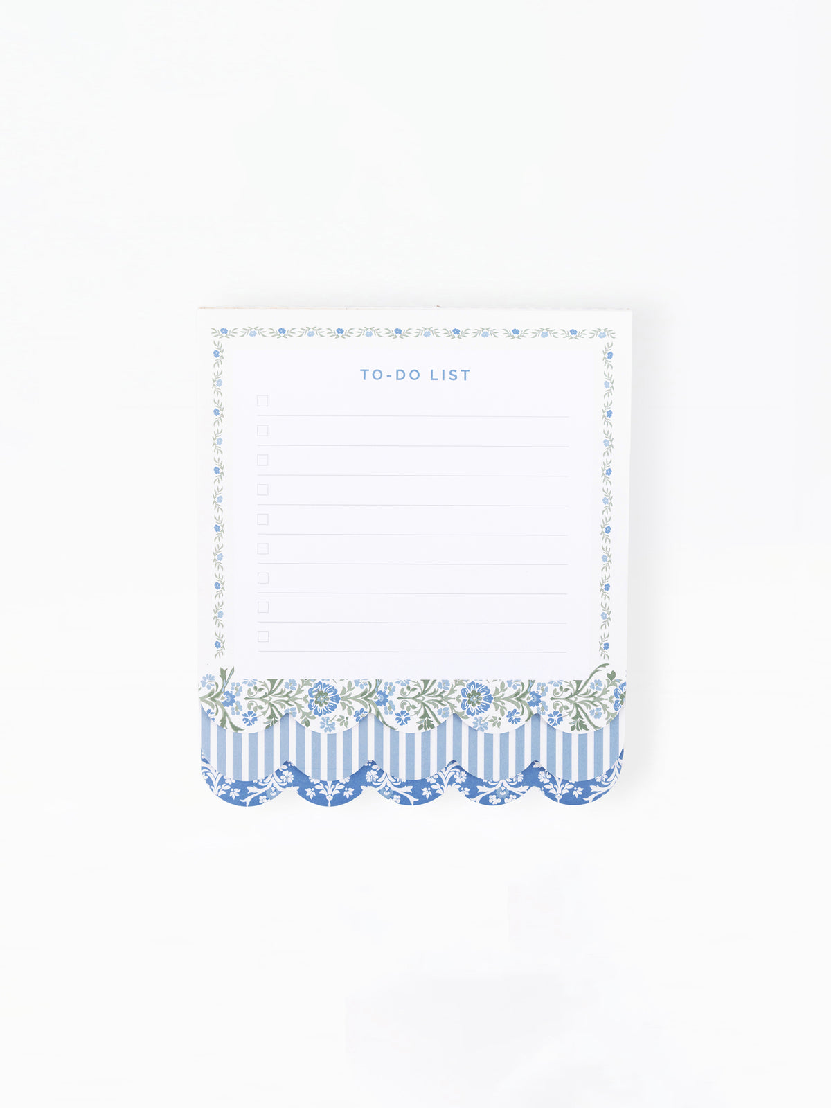 A small white to-do list notepad with a blue and white patterned border and scalloped bottom, shown on a plain white background.