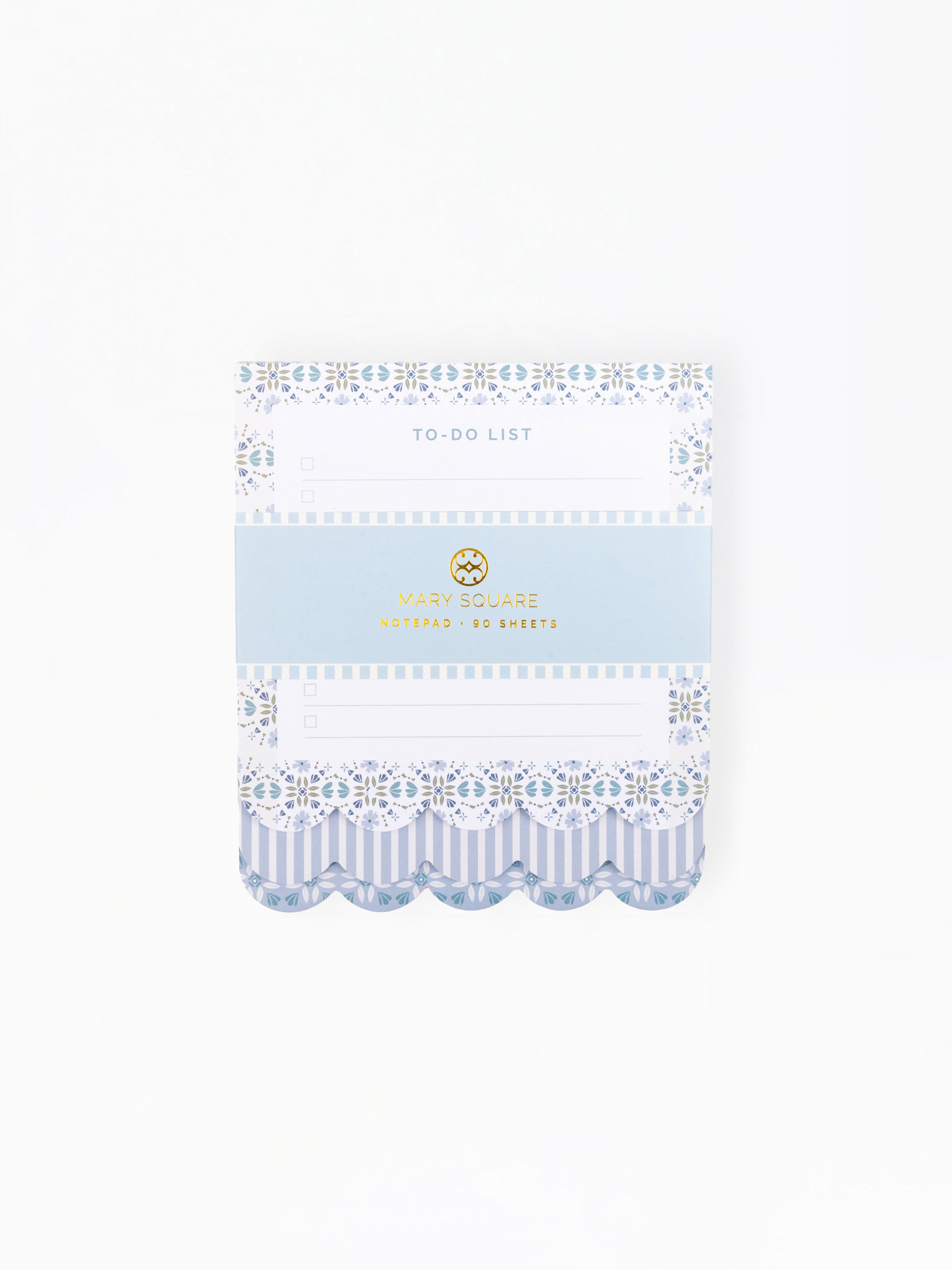A light blue and white patterned to-do list card with scalloped edges and a central gold foil logo for 'Happy Sweets'.