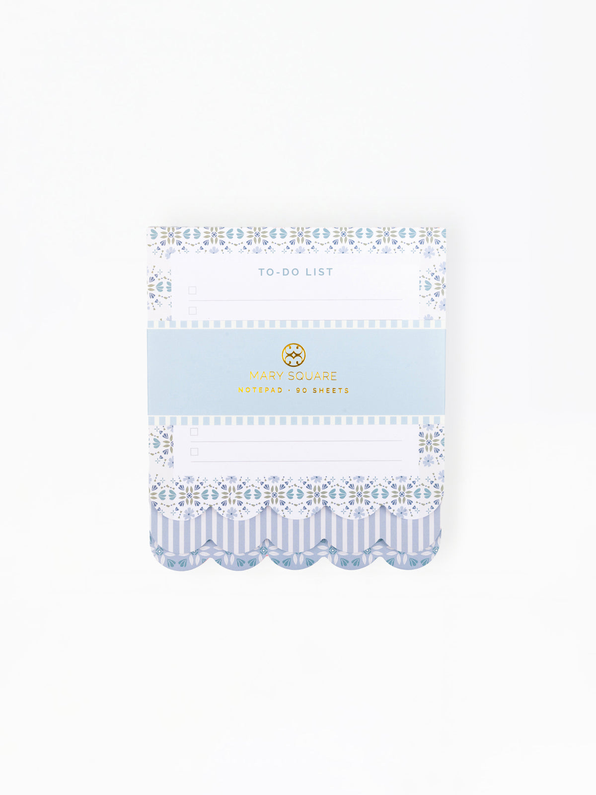 A light blue and white patterned to-do list card with scalloped edges and a central gold foil logo for 'Happy Sweets'.