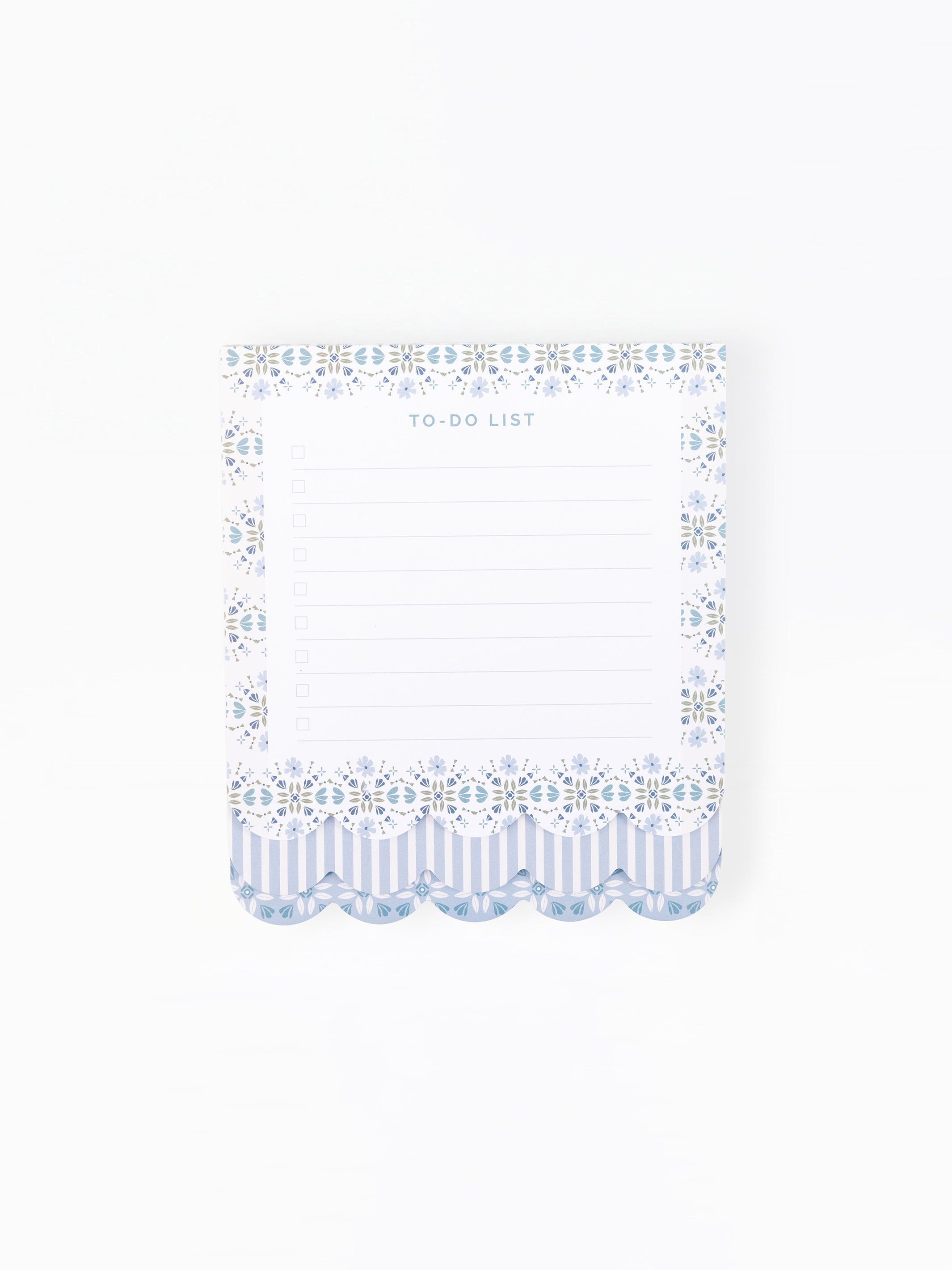 A white to-do list notepad with a decorative blue and white patterned border, featuring scalloped stripes at the bottom and the words 'TO-DO LIST' printed at the top.