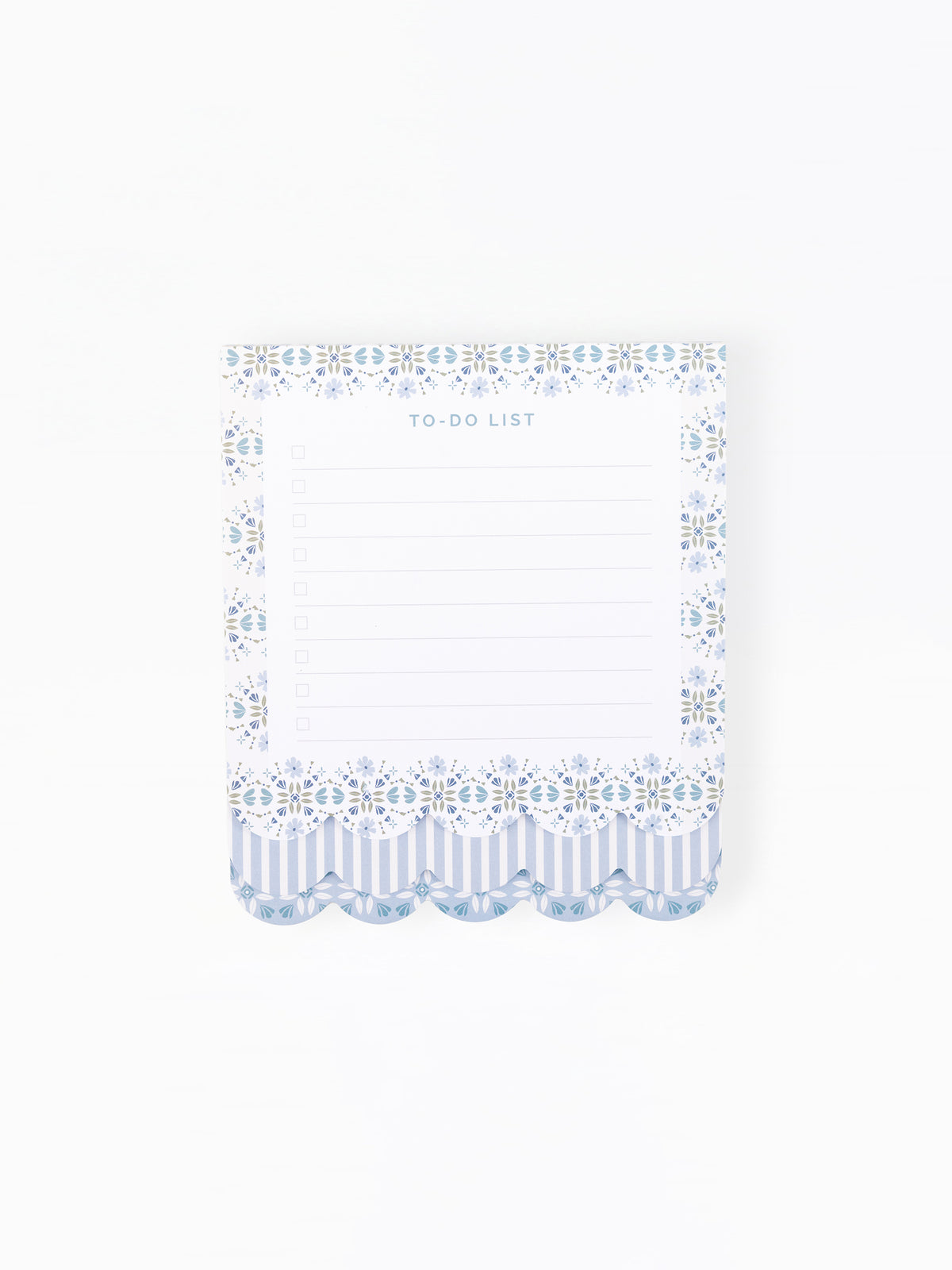 A white to-do list notepad with a decorative blue and white patterned border, featuring scalloped stripes at the bottom and the words 'TO-DO LIST' printed at the top.