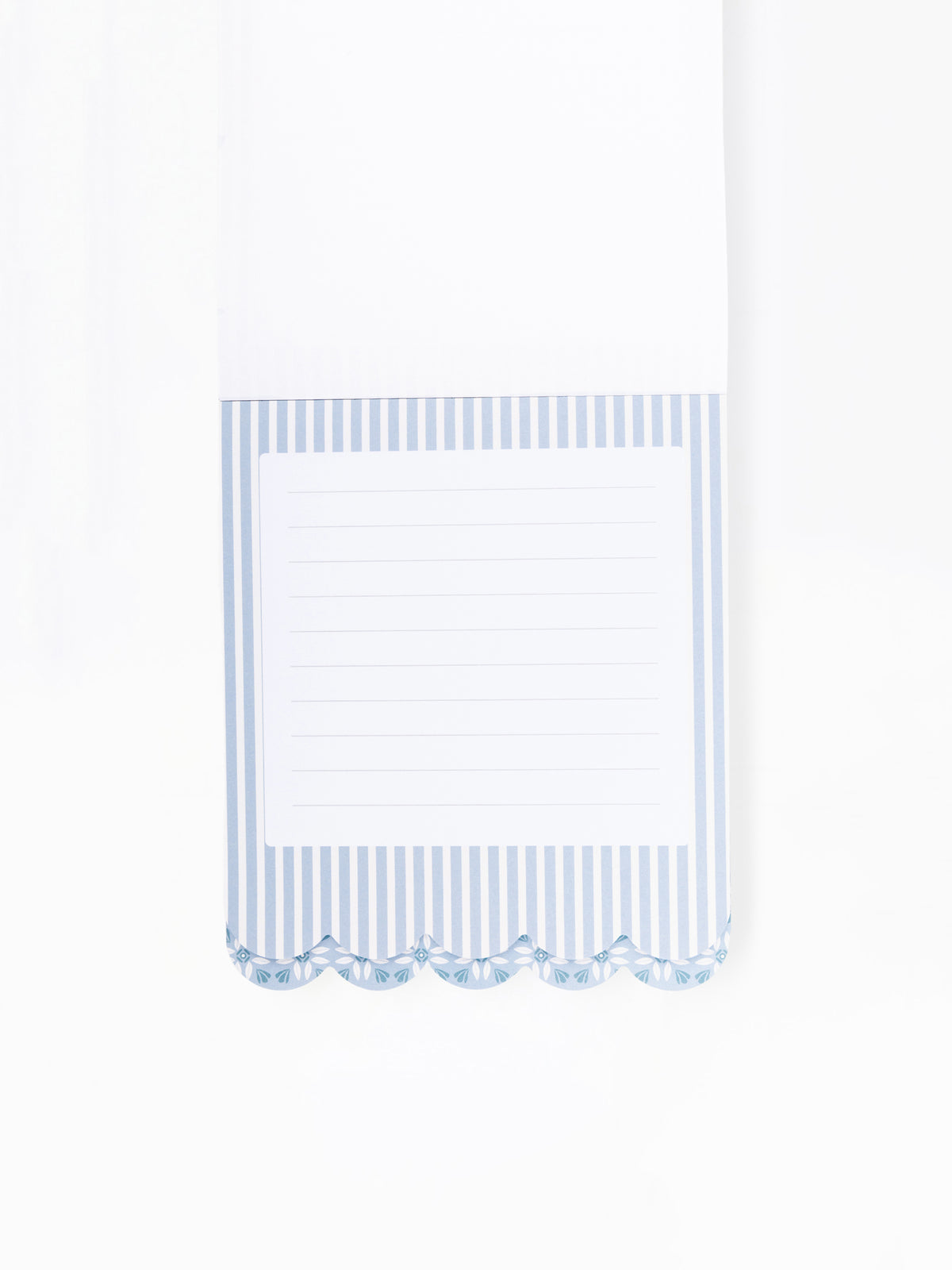 A white lined notepad with a blue and white striped border and scalloped edge, shown against a plain white background.