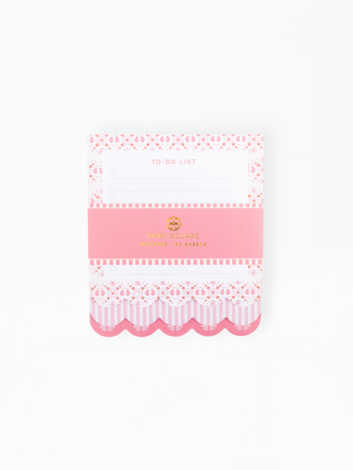 A pink and white to-do list notepad with decorative lace and striped borders, a pink center band with gold foil lettering, and a scalloped bottom edge, photographed on a clean white background.