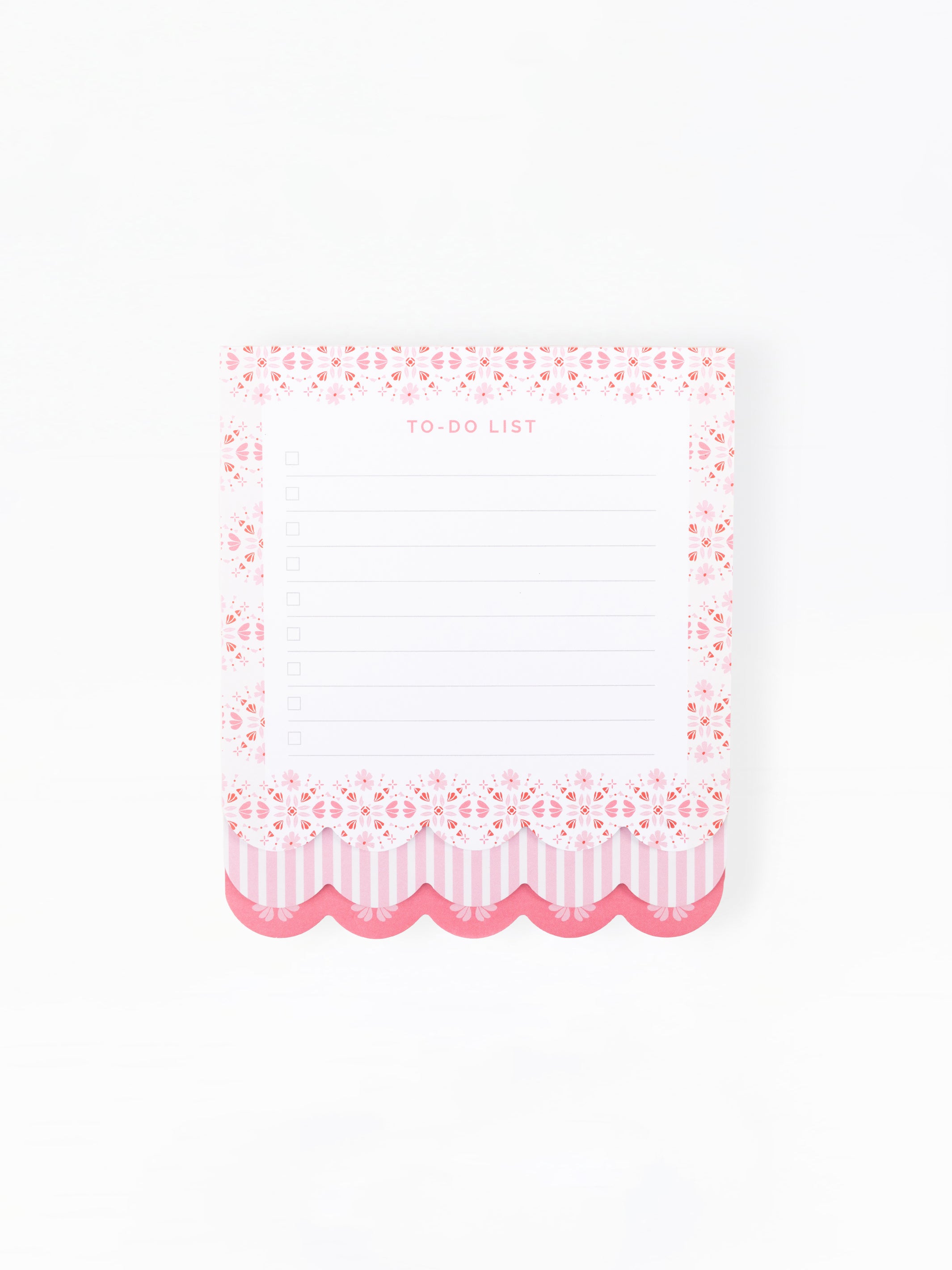 A pink and white to-do list notepad with a decorative patterned border, shown on a clean white background.