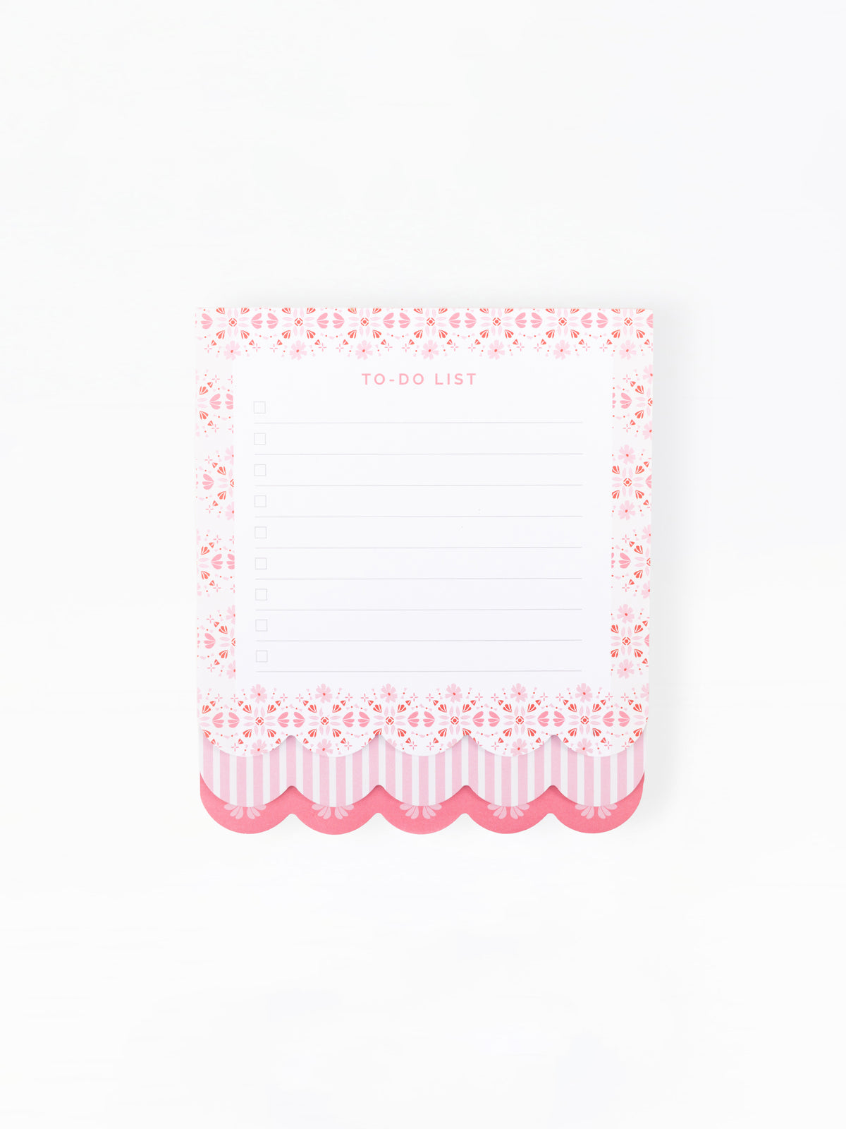 A pink and white to-do list notepad with a decorative patterned border, shown on a clean white background.