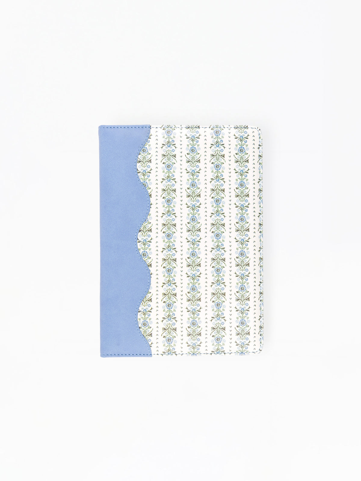 A notebook or journal with a light blue cover on the left and a white cover on the right featuring vertical stripes of small floral motifs, shown on a plain white background.