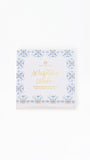 A boxed set of Happy Hour Cards by Happy Families, featuring a white package decorated with a light blue floral border and gold foil lettering, set against a plain white background.