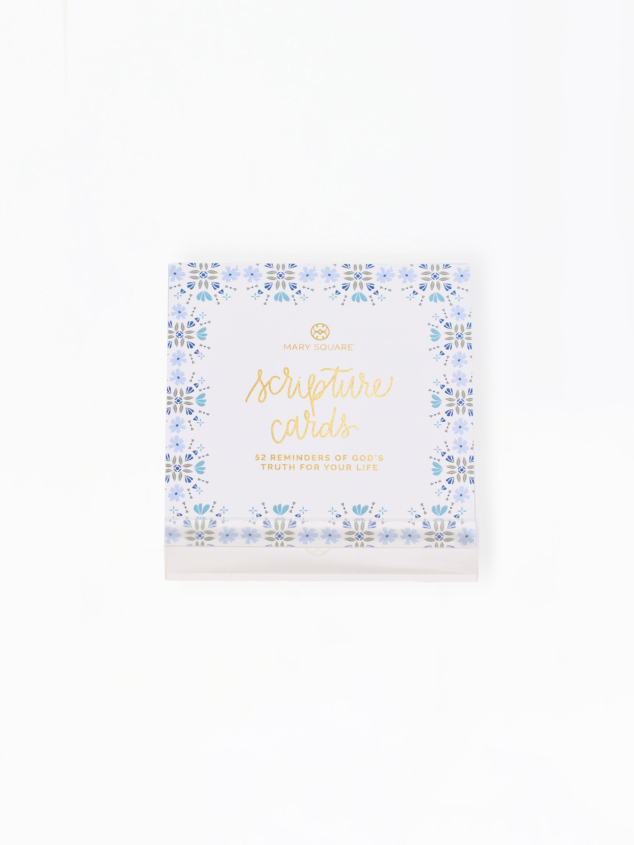 A boxed set of Happy Hour Cards by Happy Families, featuring a white package decorated with a light blue floral border and gold foil lettering, set against a plain white background.