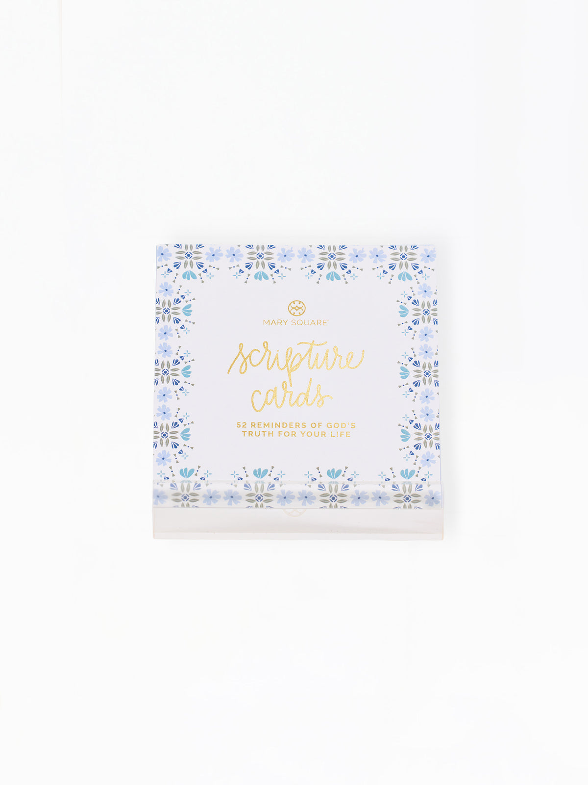 A boxed set of Happy Hour Cards by Happy Families, featuring a white package decorated with a light blue floral border and gold foil lettering, set against a plain white background.