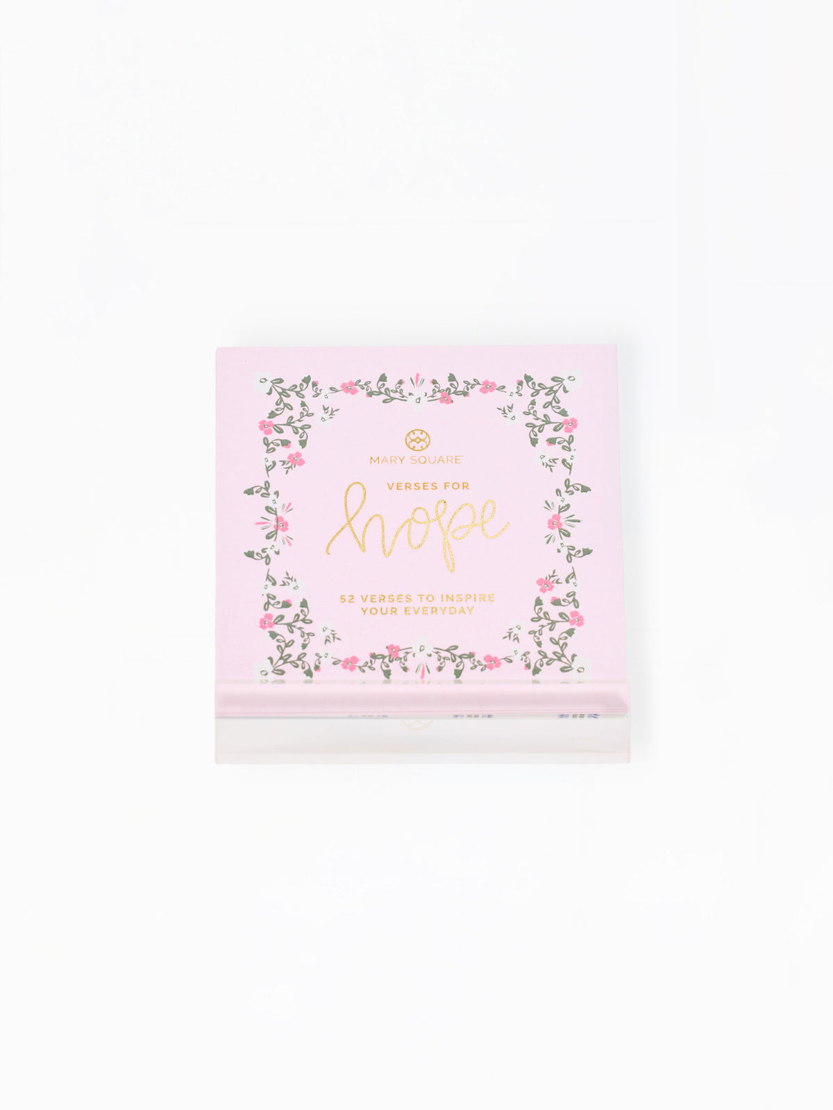 A pink square product box with a floral border and gold foil text reading 'Verses for hope' on a clean white background.
