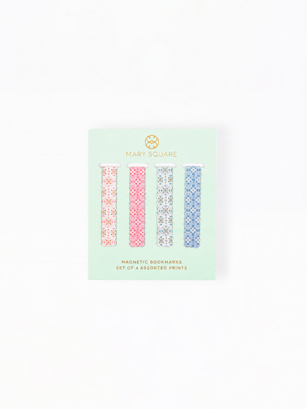 A package of four Mary Square magnetic bookmarks featuring assorted geometric patterns in pink, blue, and white, presented on a mint green backing card.