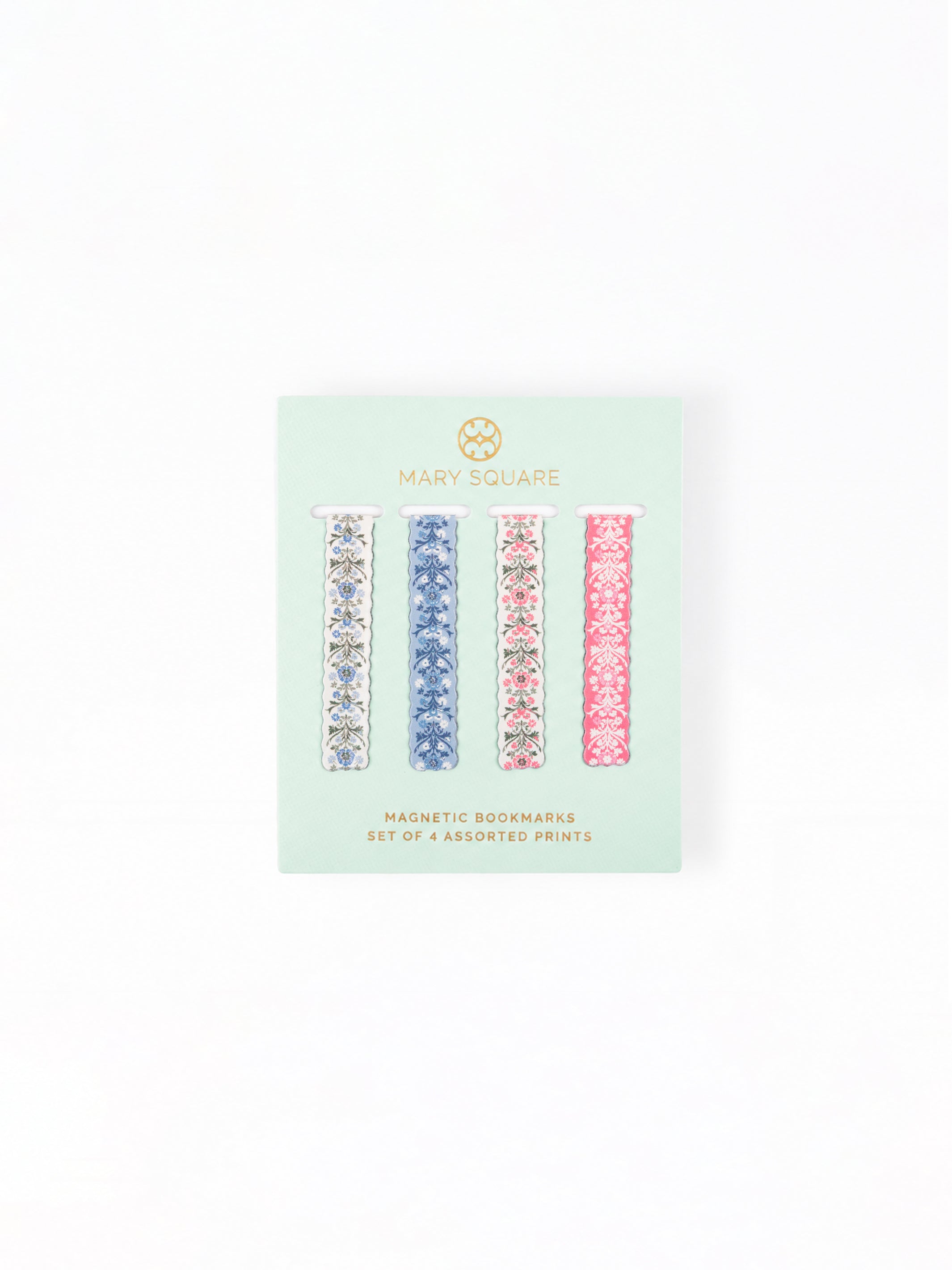 Mary Square magnetic bookmarks set in a mint green carded packaging, featuring four assorted floral patterned bookmarks in blue, pink, and white.