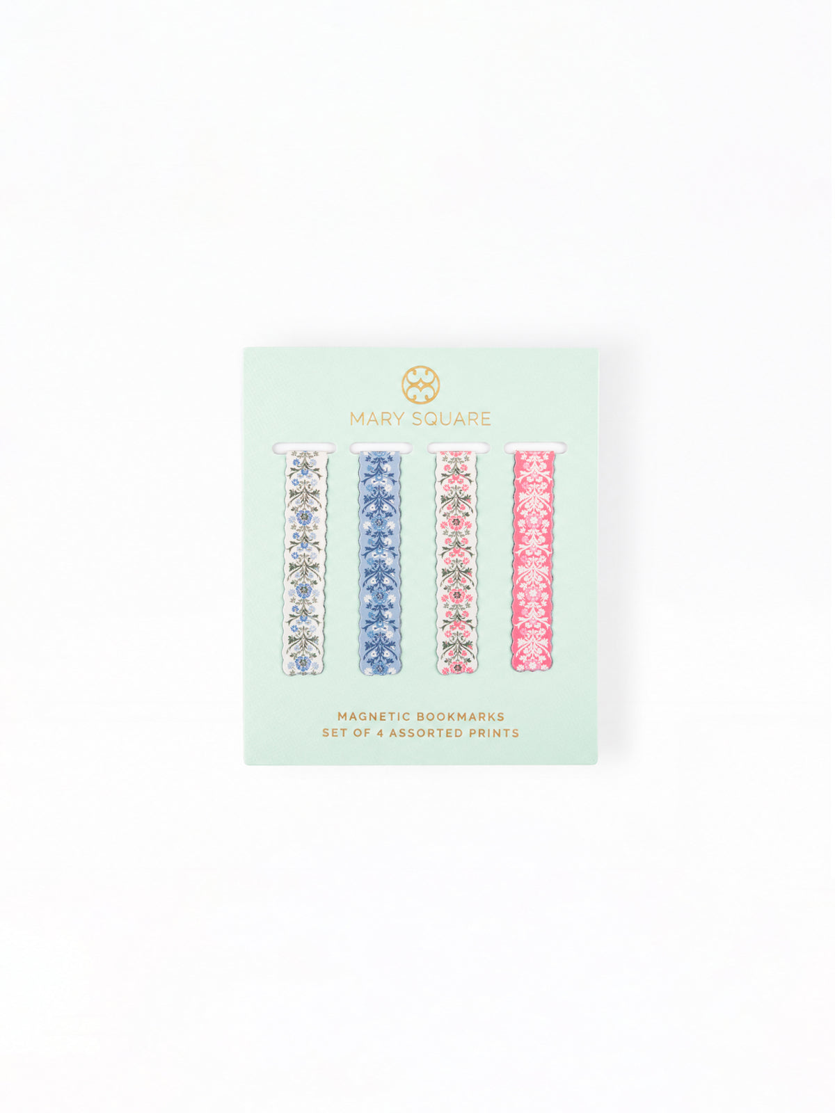 Mary Square magnetic bookmarks set in a mint green carded packaging, featuring four assorted floral patterned bookmarks in blue, pink, and white.