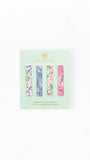 Mary Square set of four assorted floral magnetic bookmarks in a mint green card package, displayed on a clean white background.