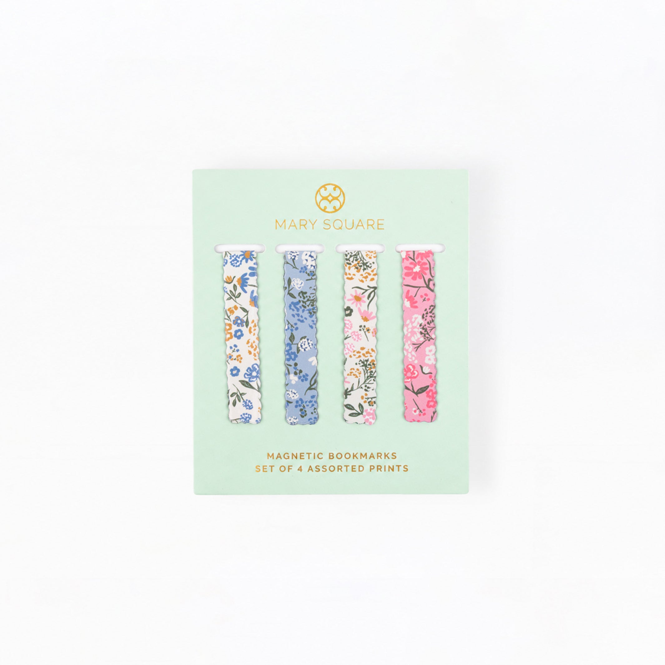 Mary Square set of four assorted floral magnetic bookmarks in a mint green card package, displayed on a clean white background.