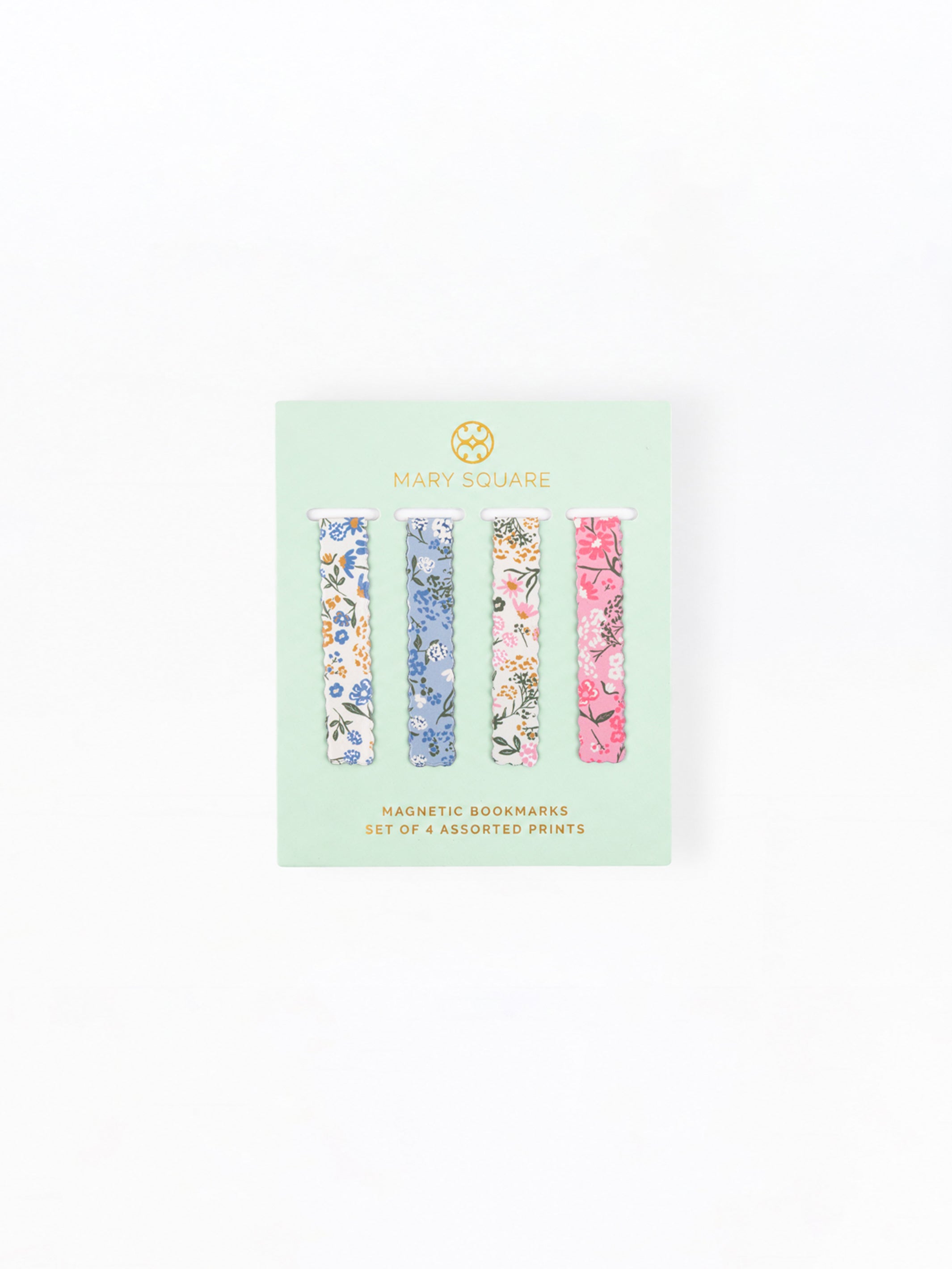 Mary Square set of four assorted floral magnetic bookmarks in a mint green card package, displayed on a clean white background.