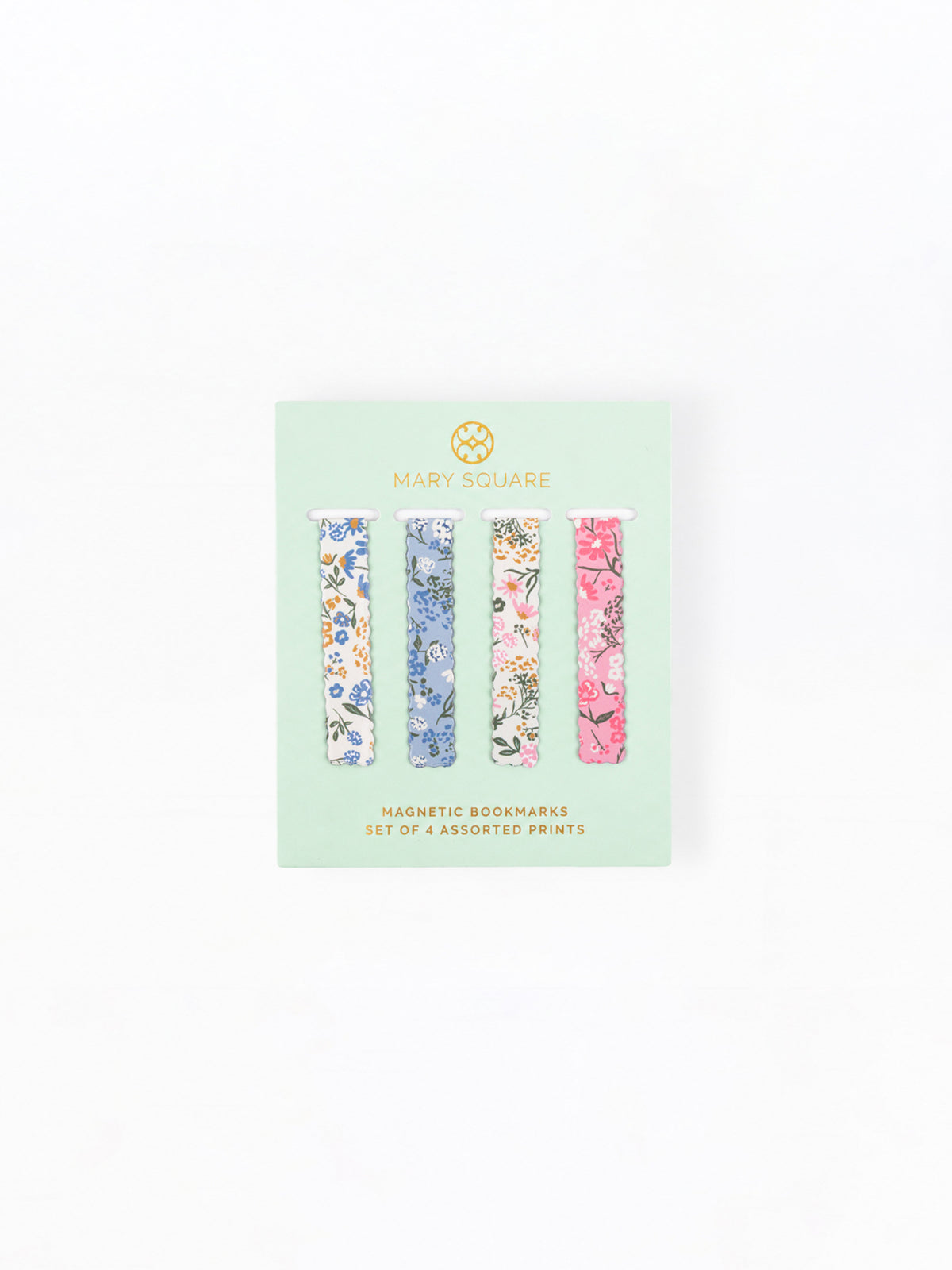 Mary Square set of four assorted floral magnetic bookmarks in a mint green card package, displayed on a clean white background.