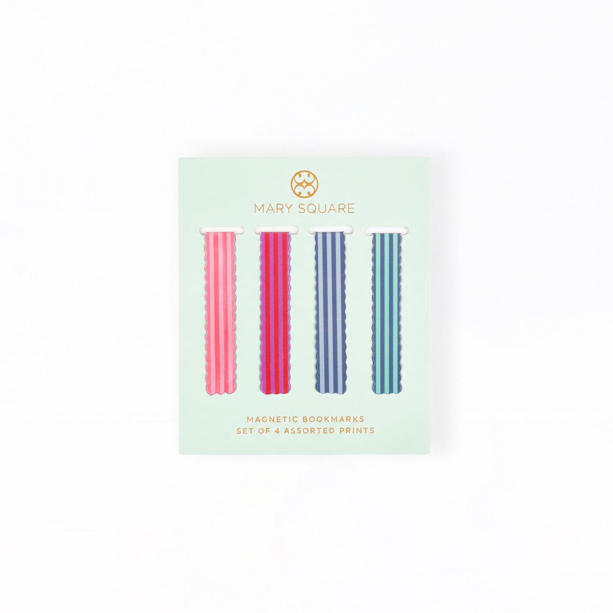 A package of four Mary Square magnetic body wands on a white background. The mint green card displays four colorful, striped wand designs in pink, red, blue, and teal.