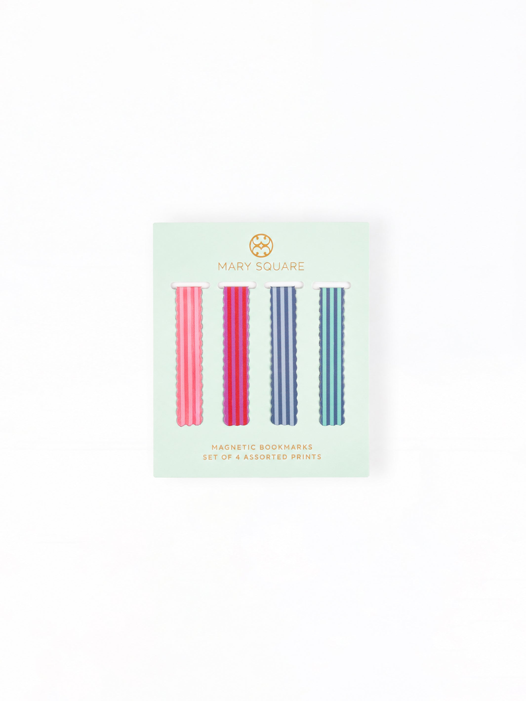 A package of four Mary Square magnetic body wands on a white background. The mint green card displays four colorful, striped wand designs in pink, red, blue, and teal.