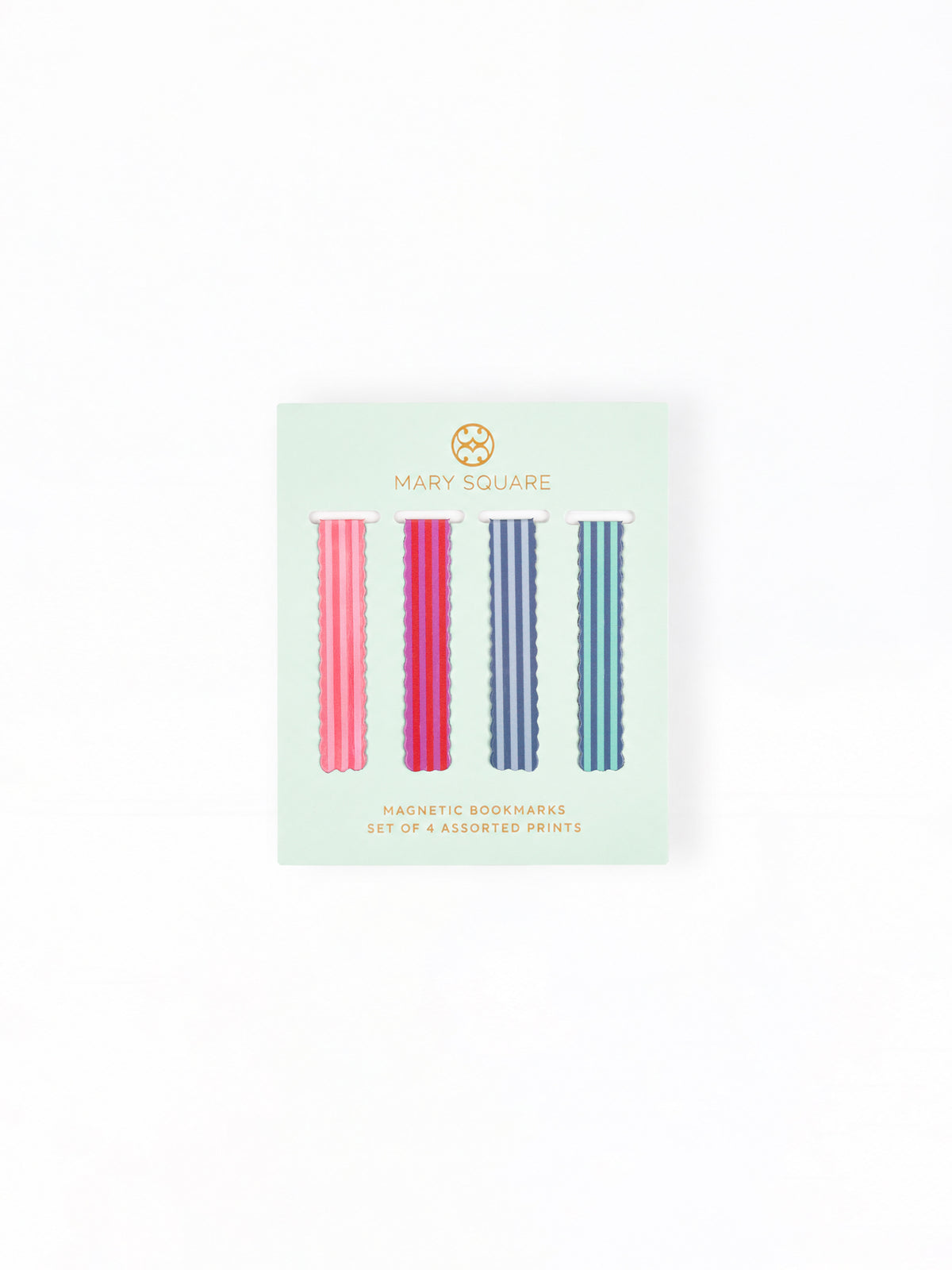 A package of four Mary Square magnetic body wands on a white background. The mint green card displays four colorful, striped wand designs in pink, red, blue, and teal.