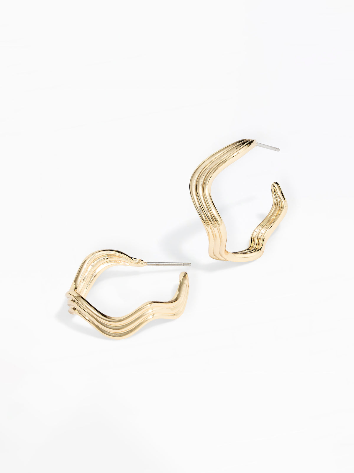 A pair of gold-toned wavy hoop earrings with a multi-strand layered design, displayed on a clean white background.