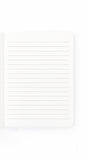 An open lined notebook with blank white pages, photographed on a seamless white background.