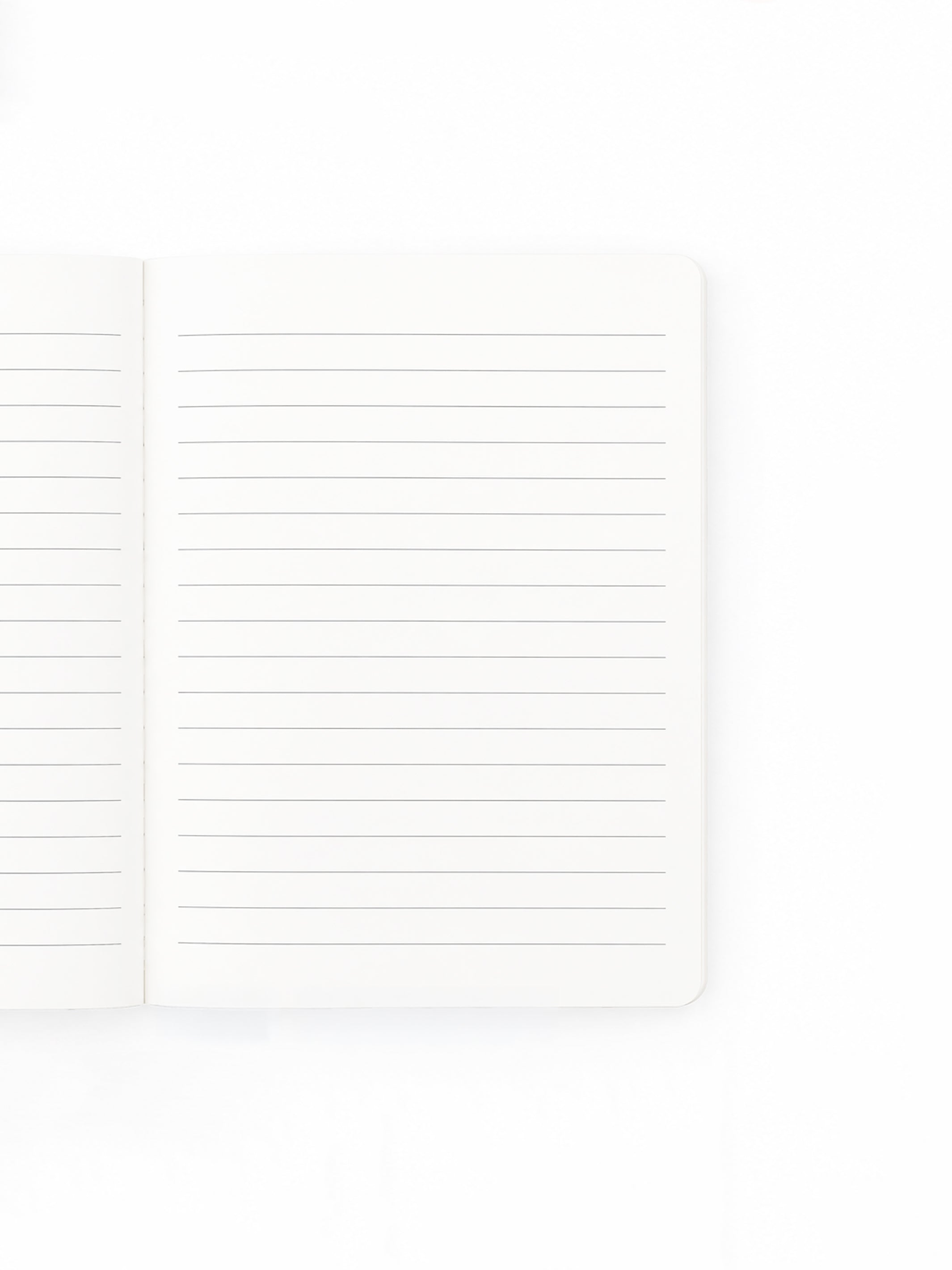 An open lined notebook with blank white pages, photographed on a seamless white background.