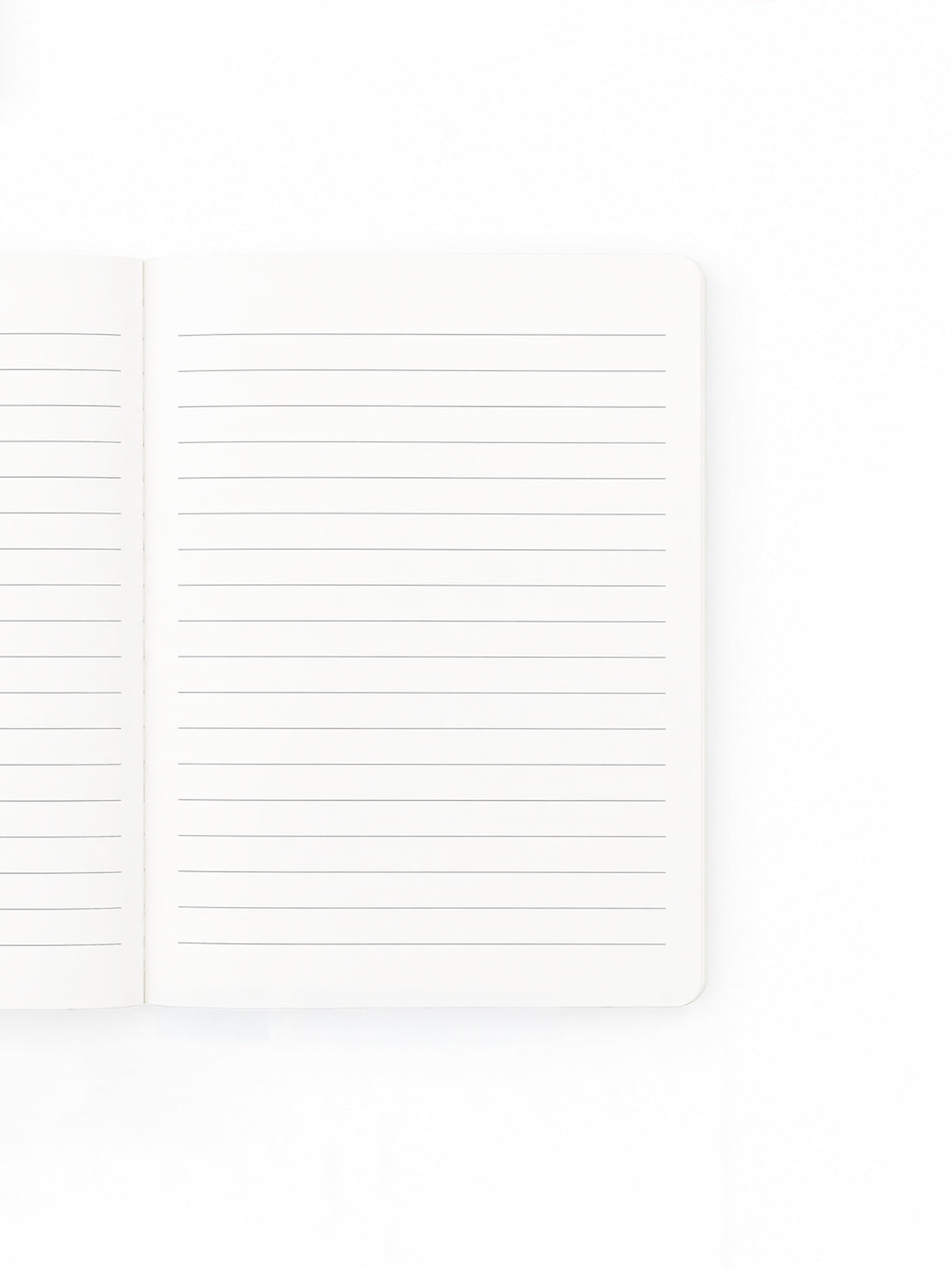 An open lined notebook with blank white pages, photographed on a seamless white background.