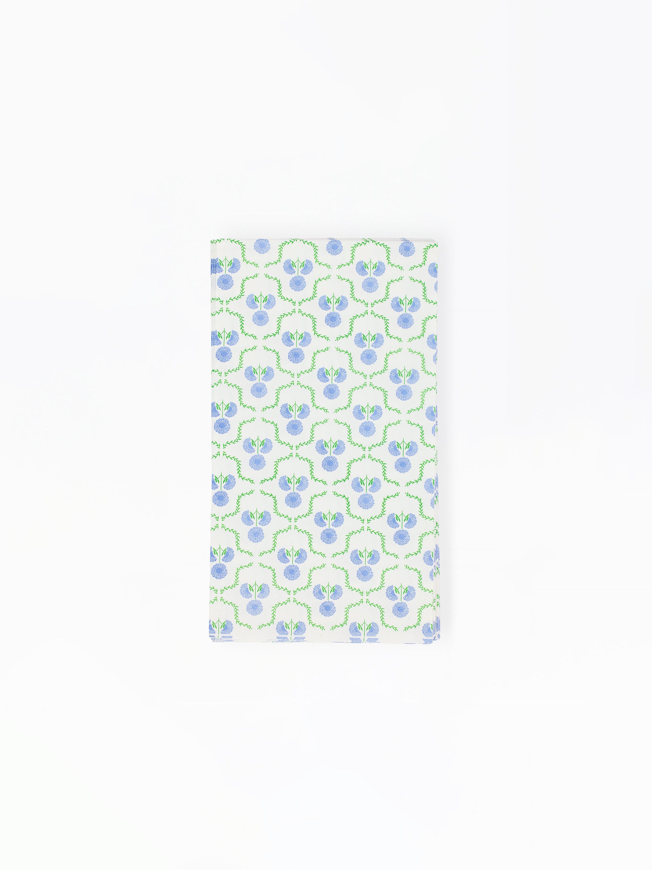 paper napkins with a blue and green floral pattern on a white background